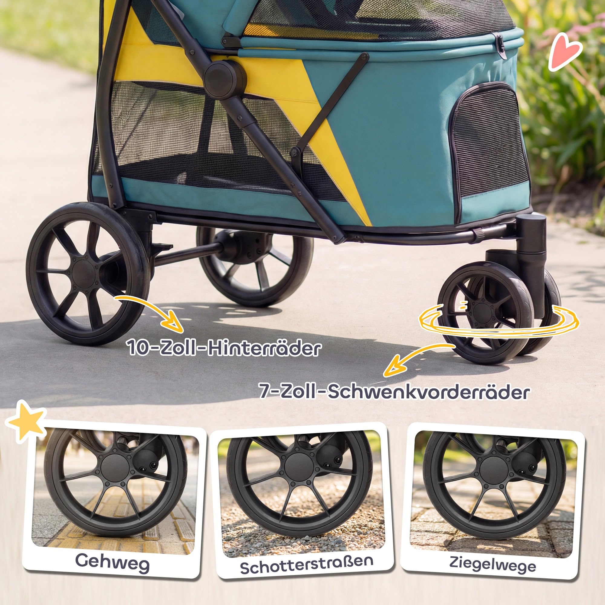 PawHut Hundewagen Hundebuggy Faltbar Katzenwagen bis 20 kg mit waschbarem Kissen, Netzfenstern, 3 Räder, Tür, Rückentasche, Haustierbuggy für kleine mittelgroße Hunde, Dunkelgrün