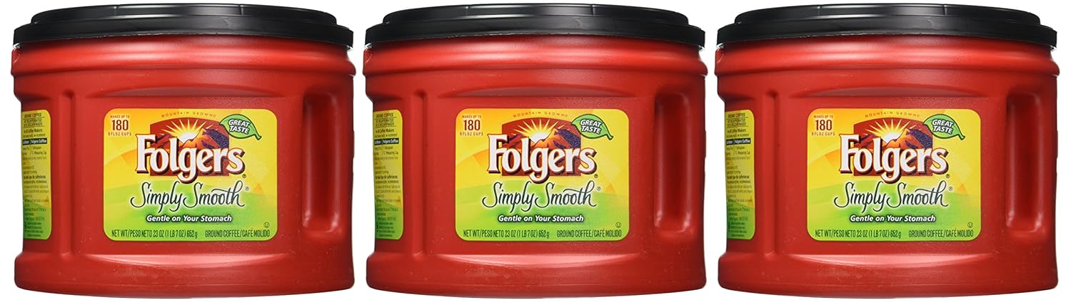 Folgers Simply Smooth Ground Coffee, 23 Ounce Tubs (Pack of 3)