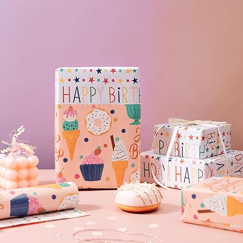 Vista 108 de WRAPAHOLIC Papel de regalo reversible, mini rollo, 17 pulgadas x 33 pies, adorable diseño de gato y azul sólido para cumpleaños, vacaciones