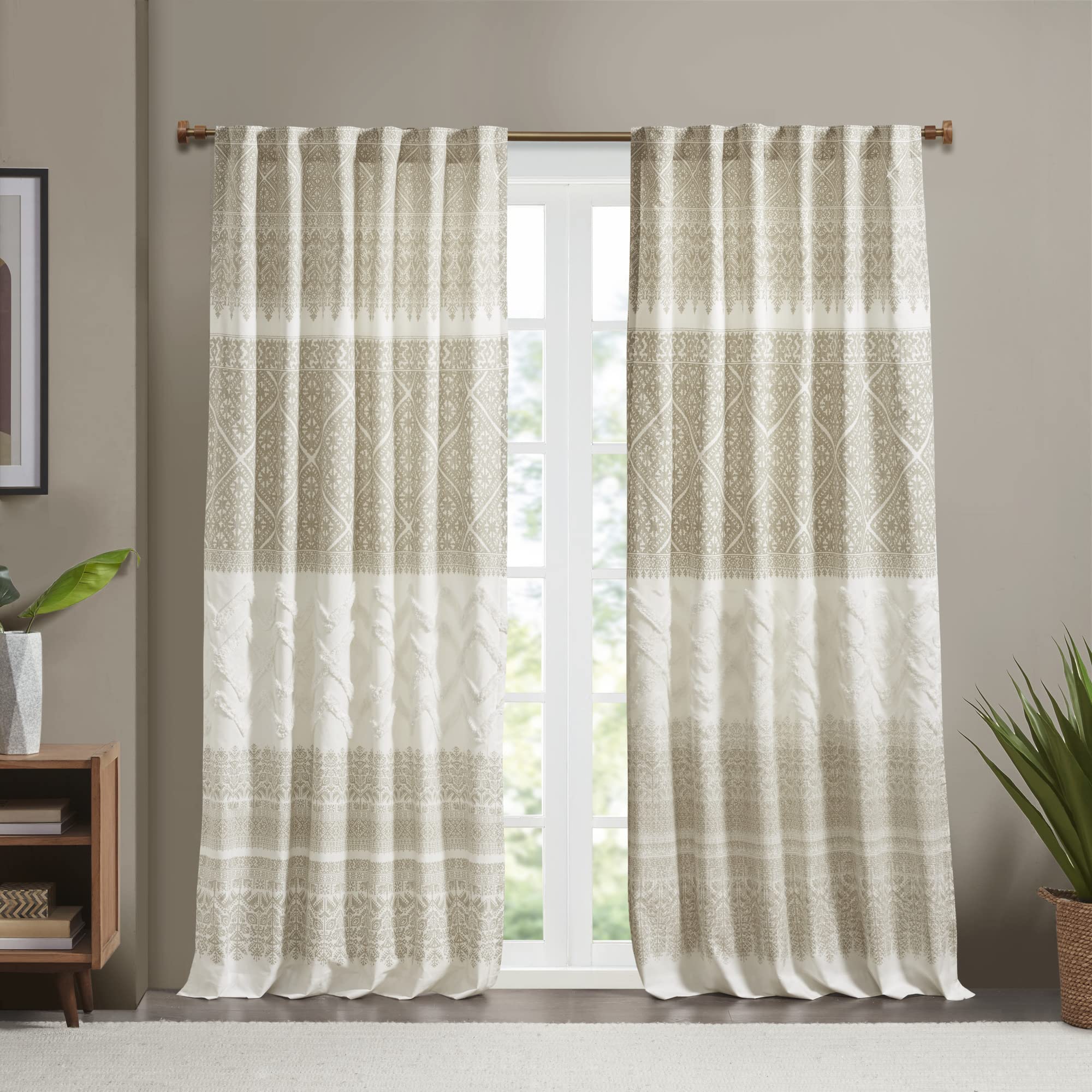 INK+IVY Mila 100% Cotton Single Panel Curtain Tufted Chenile Boho Design Rod Pocket Top Drape for Living Room, Privacy Window Treatment for Bedroom, Apartments, 50" x 84", Taupe/White,II40-1183