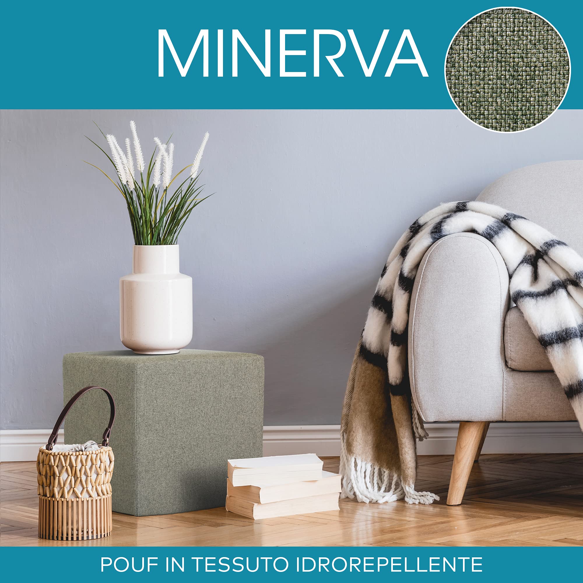 Deshome Pouf poggiapiedi cubo 43x43x44 cm Stoffa Idrorepellente: Pouf Design Moderno per Divano Soggiorno Camera da Letto, Puff poggiapiedi, Pouffe Salotto Minerva (Verde Oliva)