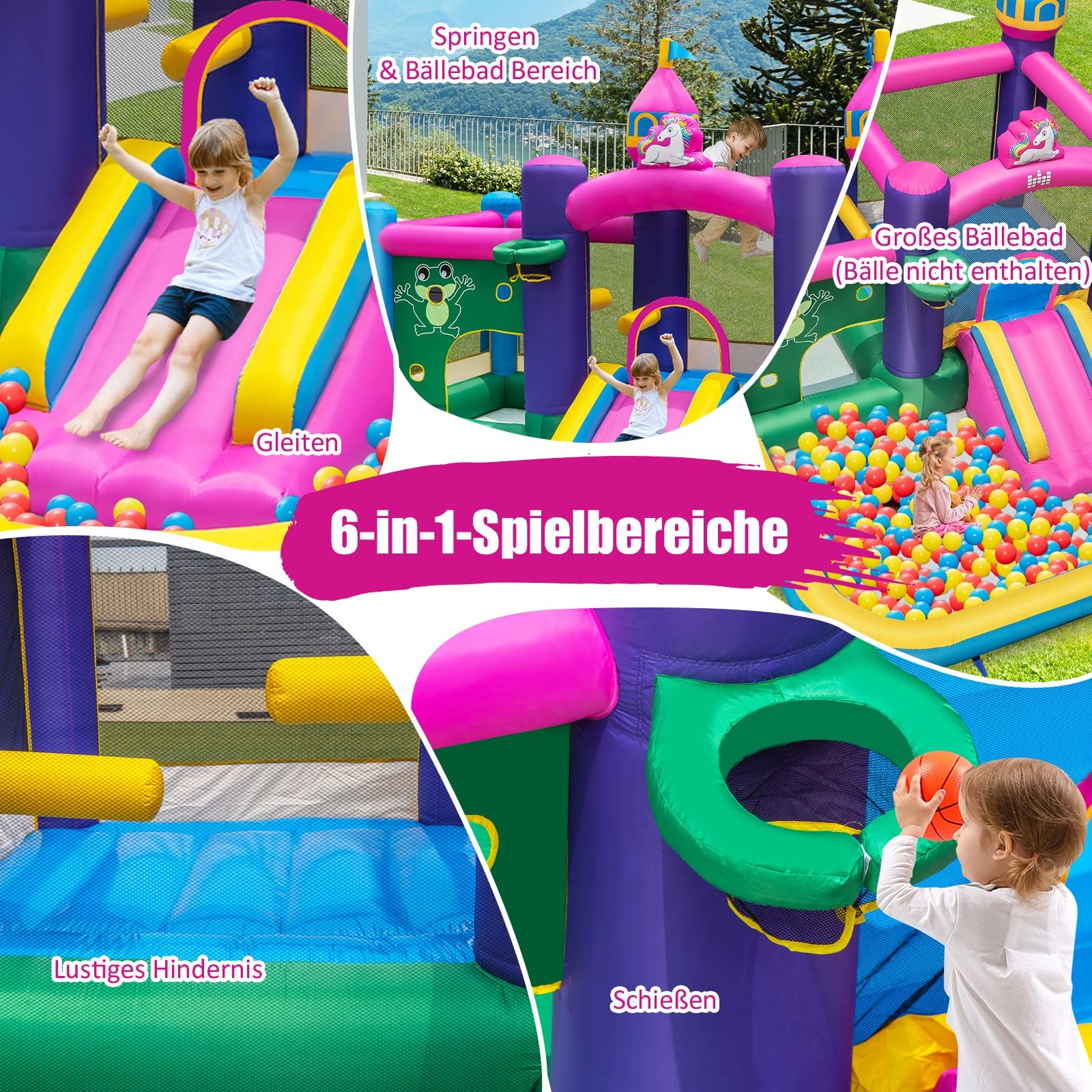 DREAMADE Einhorn Aufblasbare Hüpfburg mit 680 W Gebläse, Wasserpark mit Planschbecken & Rutsche & Springbereich, Spielburg mit Reparaturset & Tragetasche, Hüpfschloss 390 X 330 X 270 cm (mit Gebläse)