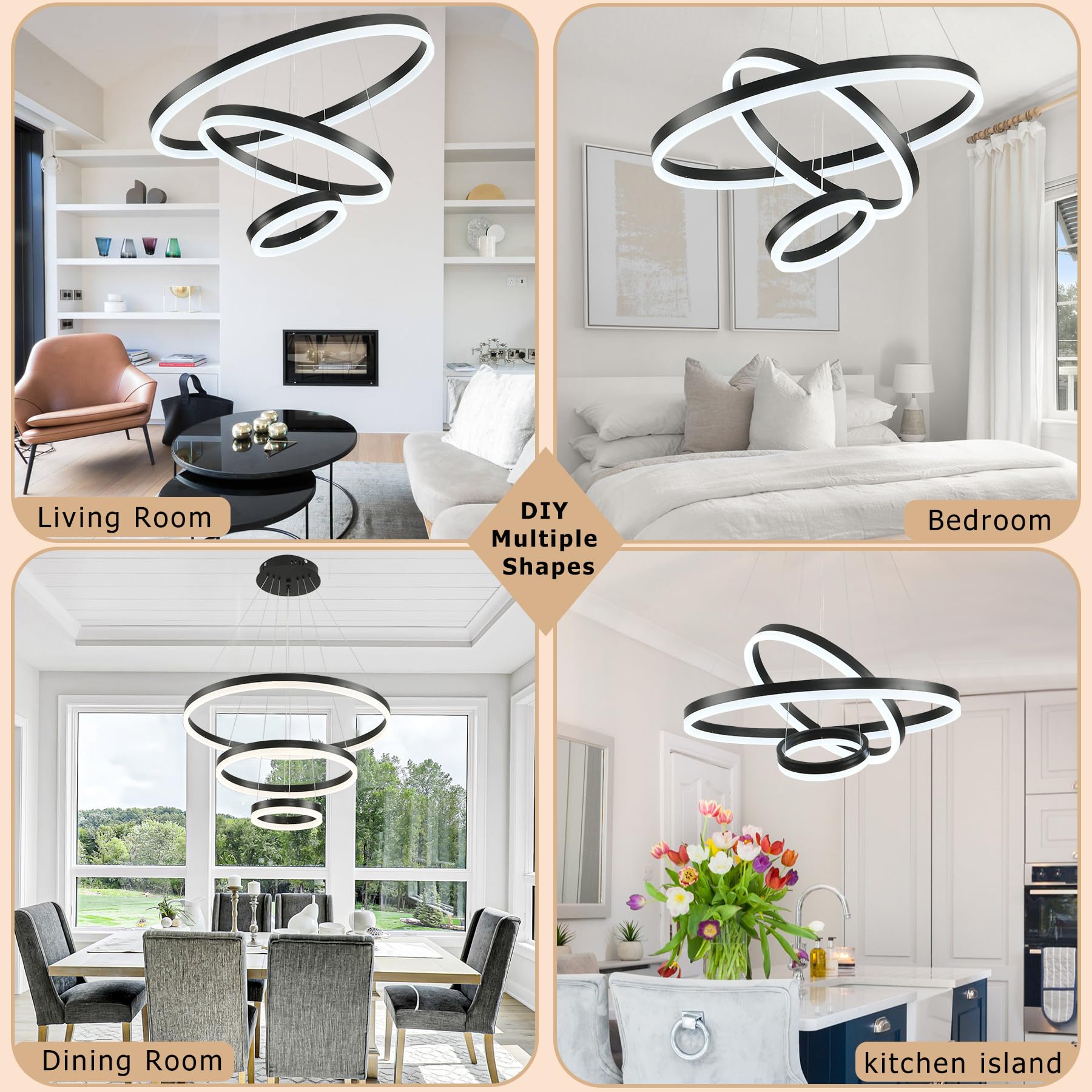 3-Rings Modern Led Chandelier Black, Contemporary Ring Chandeliers ...