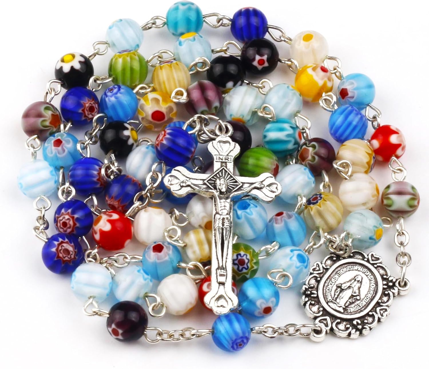 Multicolor Murano Glass Beads Catholic Rosary Necklace with Virgin Mary PU Leather Bag - Image 6