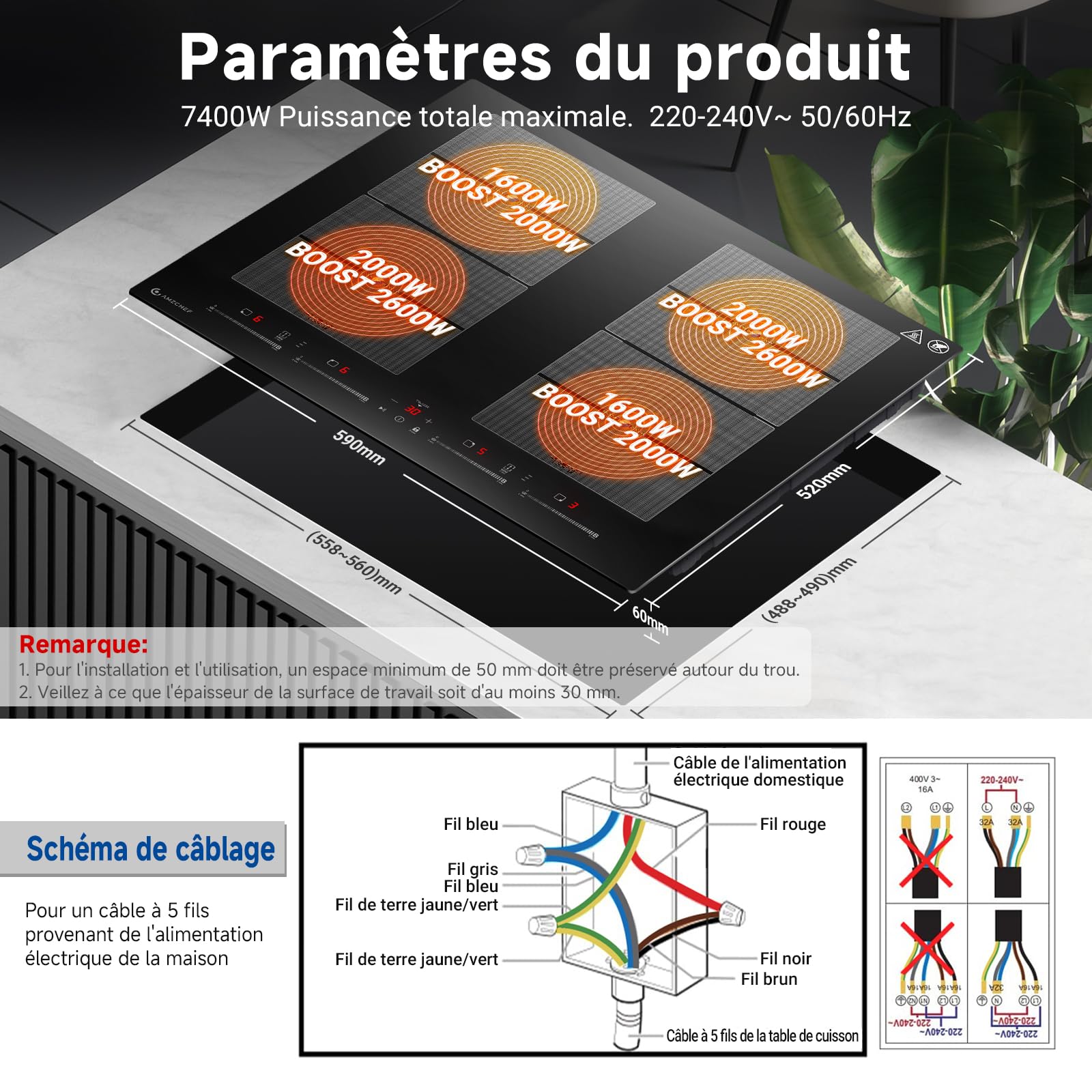 AMZCHEF Plaque Induction 4 Feux avec Deux Zones Flexibles, Plaque de Cuisson Induction 4 Zones avec Fonctionnement Silencieux (42dB), 9 Niveaux et Booster, Barbecue, Pause et Maintien au Chaud, 7400W