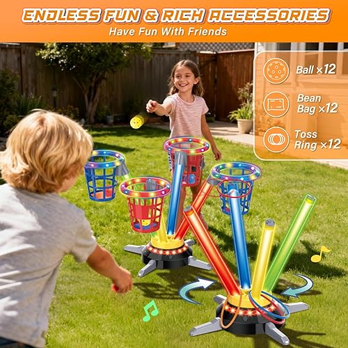Miniatura 6 de VATOS Juego 3 en 1 de Sacos de Frijoles y Lanzamiento de Anillos, Salto Musical para Niños, Base Giratoria Eléctrica con Control Remoto, Luces, 12