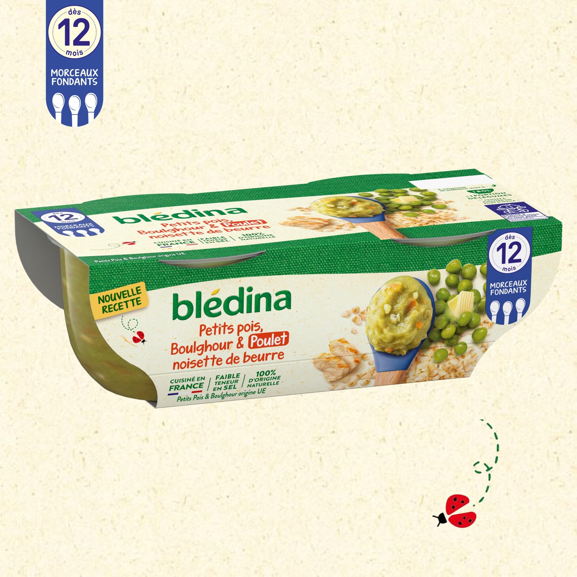 BLÉDINA - Bols - Repas Midi Bébé - Petits Pois, Boulghour et Poulet Noisette de Beurre - dès 12 Mois - sans Sel Ajouté - 12 x 200 g - 3