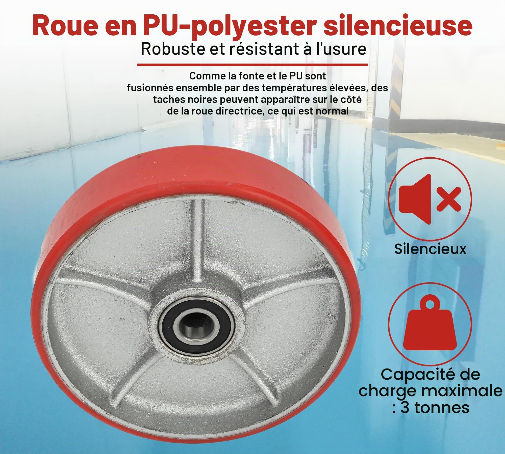 bimiti Lot de 2 roues pour chariot élévateur en polyuréthane/PU Ø200 x 50 mm, axe 20 mm avec roulement à billes, roulettes de rechange, roulette pivotante pour chariots à palettes, charge max. 3000 KG