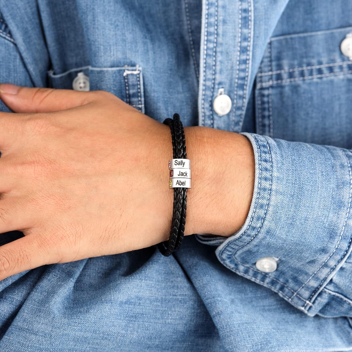 JewelOra Personalized Men's Bracelet with 1-8 Names Custom Birthstone Bracelets for Men Customized Bracelet with Family Names Jewelry Gifts for Fathers Day