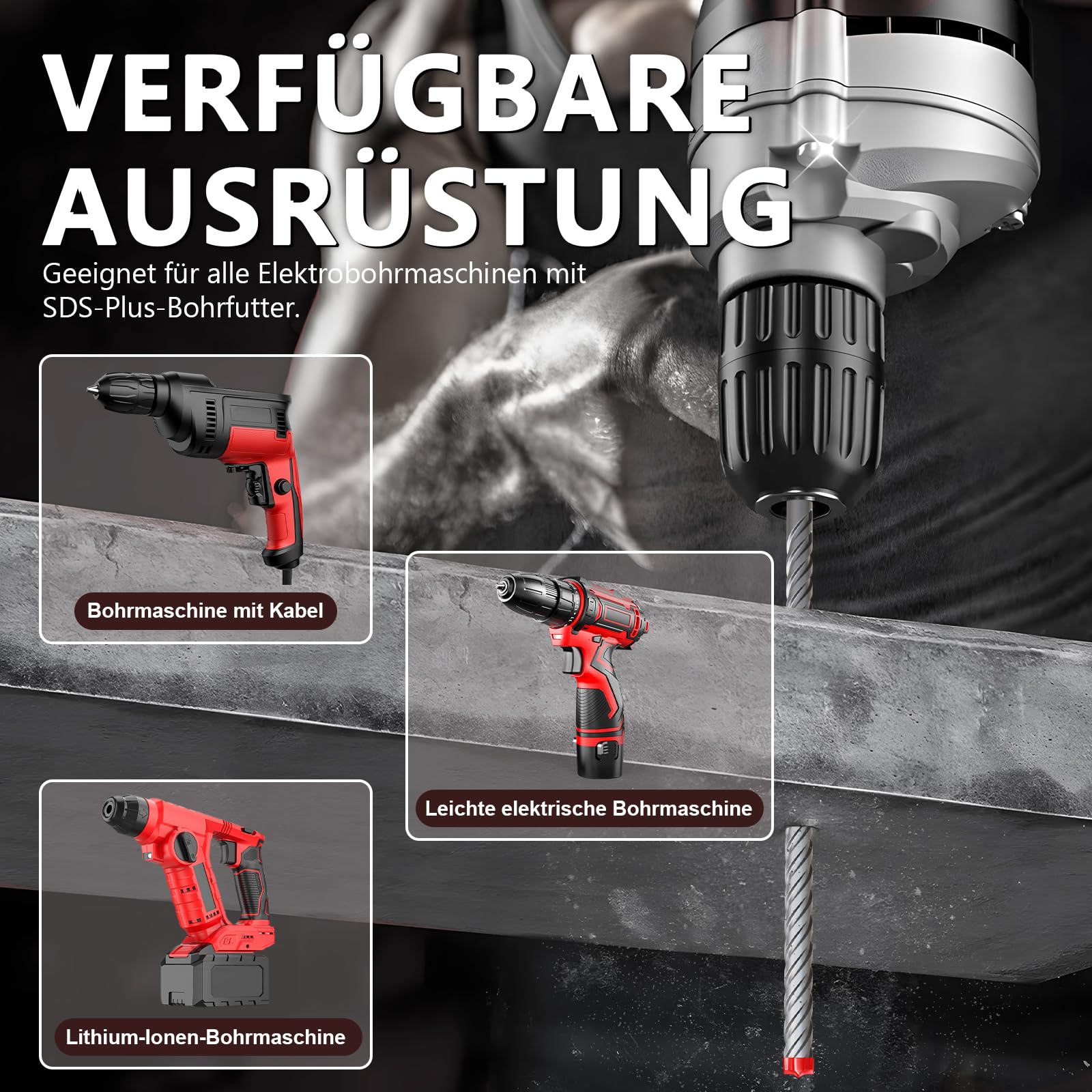 Punta professionale SDS plus 16 mm x 455 mm, punta ultra ad alte prestazioni per calcestruzzo armato e muratura. Tutta la testa del trapano è realizzata in lega di metallo per una durata estrema