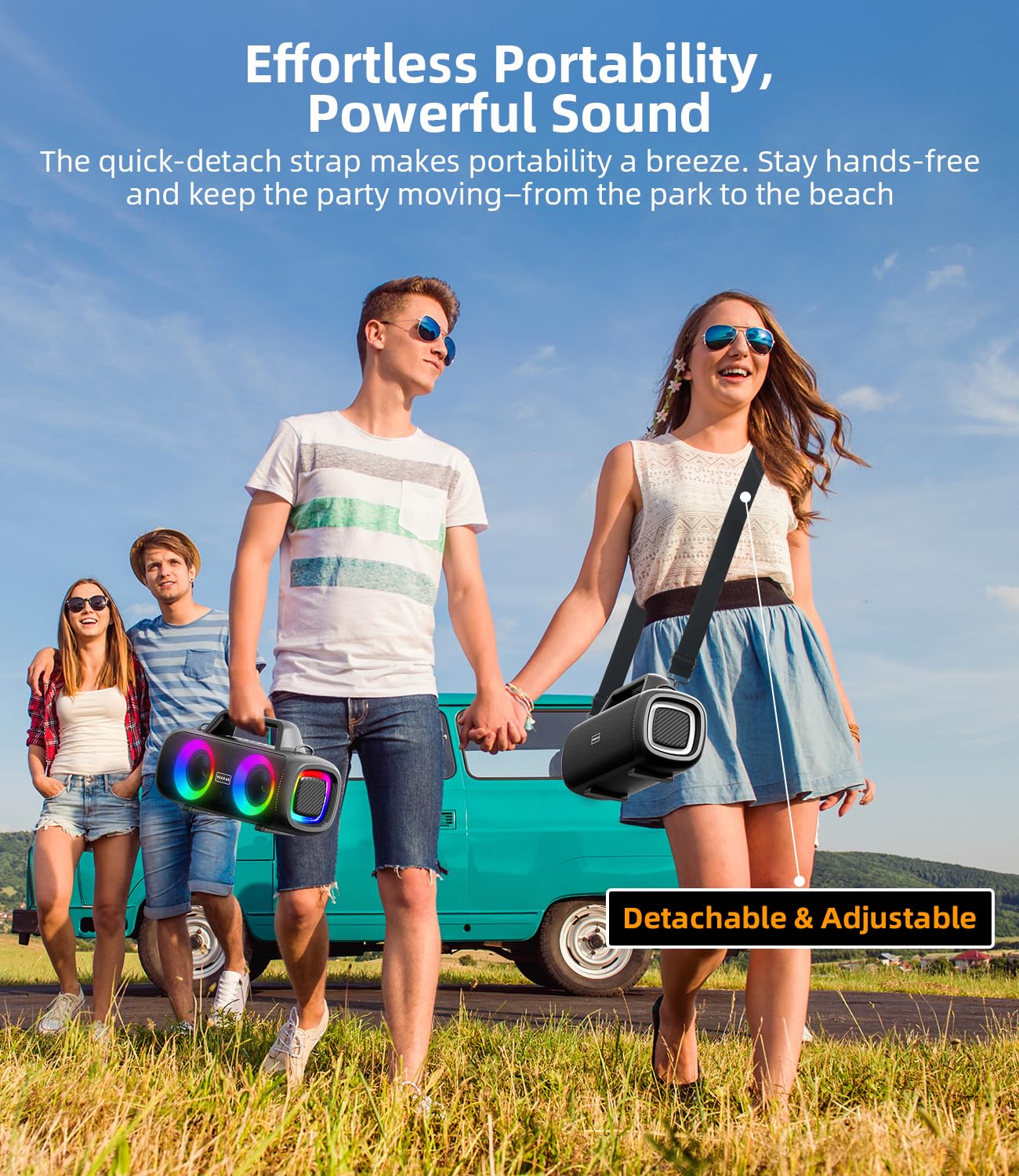 Cassa Bluetooth Portatile, 140W Potente con 2 Subwoofer e 2 Tweeter, Impermeabile IP65 per Esterni, Batteria 24h, Luci RGB, per Feste, Giardino, Spiaggia - Connessioni AUX/USB/TF e TWS
