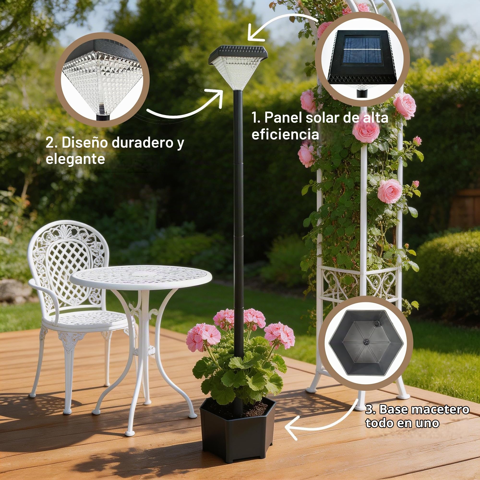 Farol Solar Exterior con Maceta 138 cm, Luces Solares Jardín