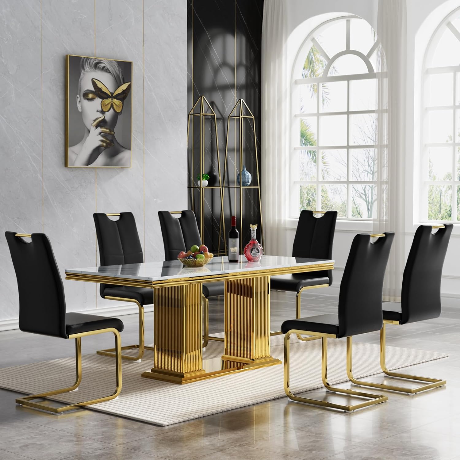 7 Piece Marble Dining Table Set, Luxurious 68.11″ Dining