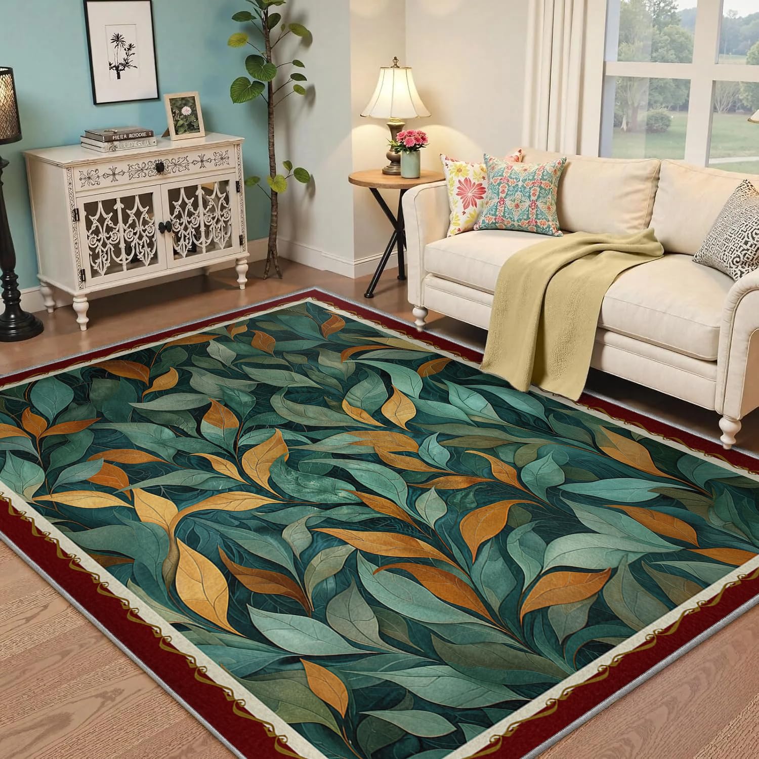 Tapis de salon 160x220cm lavable vert saule et feuilles d'automne motif botanique pour chambre