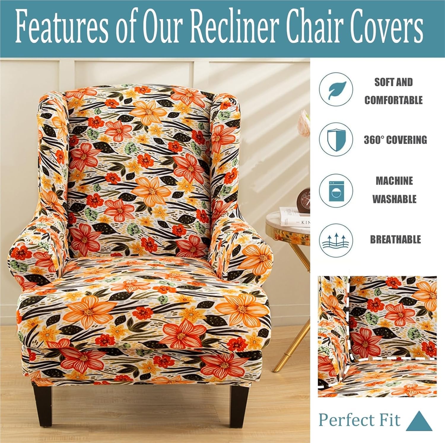 2-Piece Stretch Wingback Chair Covers, Wingback Chair Slipcovers, Wing Chair Covers, Armchair Covers with Elastic Bottom, for Living Room Bedroom Wingback Chair(Orange)