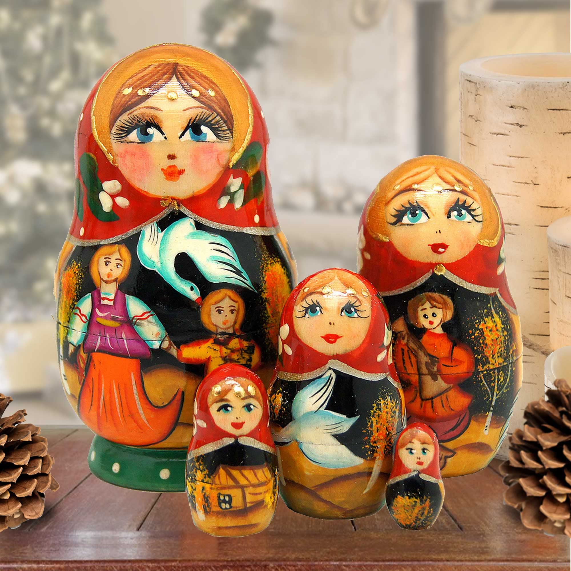 Russian 5 Piece Fairy Tale Nested Doll Matryoshka Wooden Stacking Nested Dolls Wooden Handmade Toys Gift for Children Christmas Mother’s Day Birthday Home Decor Wishing Gift 140070