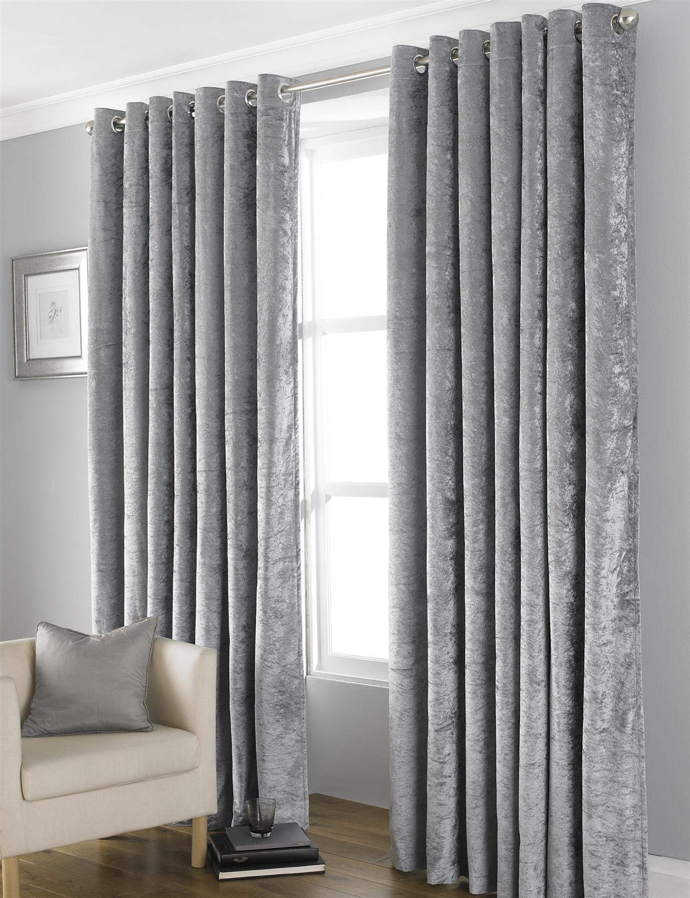 Olivia Rocco Blackout Crushed Velvet Curtains Eyelet Fully Lined Thermal Curtain Pair, 66" (Width) x 90" (Drop) Grey