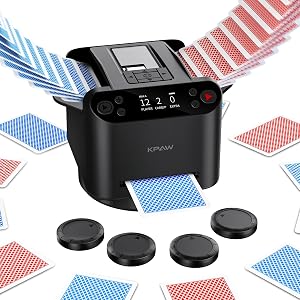 KPAW Automatic Card Shuffler for 1-2 Decks with Dual Modes, USB-C Rechargeable, Low Noise Compatible Card Shuffler Machine for Home Card Game, Travel (Black 1) | 4 Drawing Remotes, Built-in Gameplays, 360°/180° Deal, for Poker,Texas Hold'em，Custom，Br