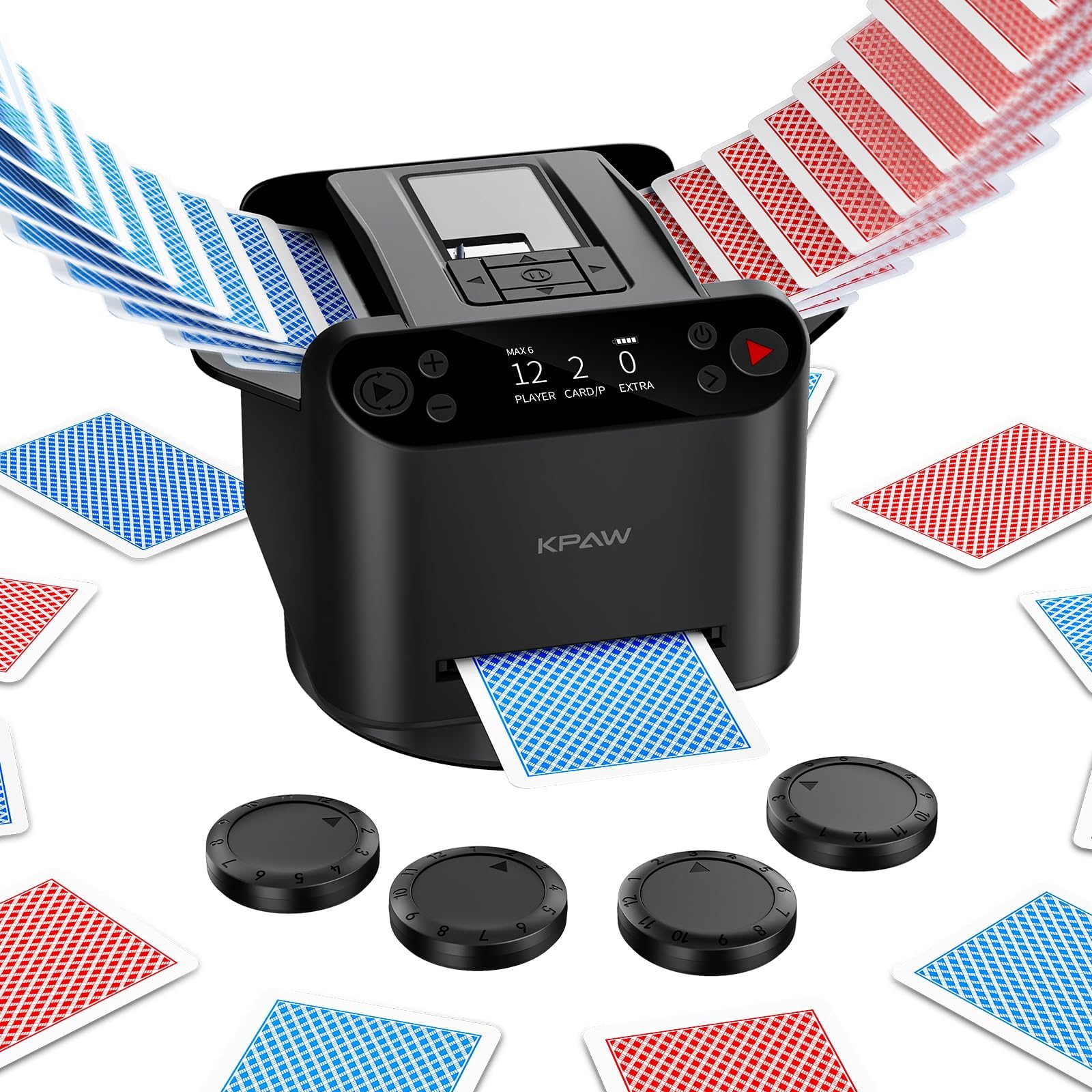 KPAW Automatic Card Shuffler and Dealer - 1-2 Decks Support 12 Players, 4 Drawing Remotes, Built-in Gameplays, 360°/180° Deal, for Poker, Phase 10, Skip-Bo, Rummy (Black)
