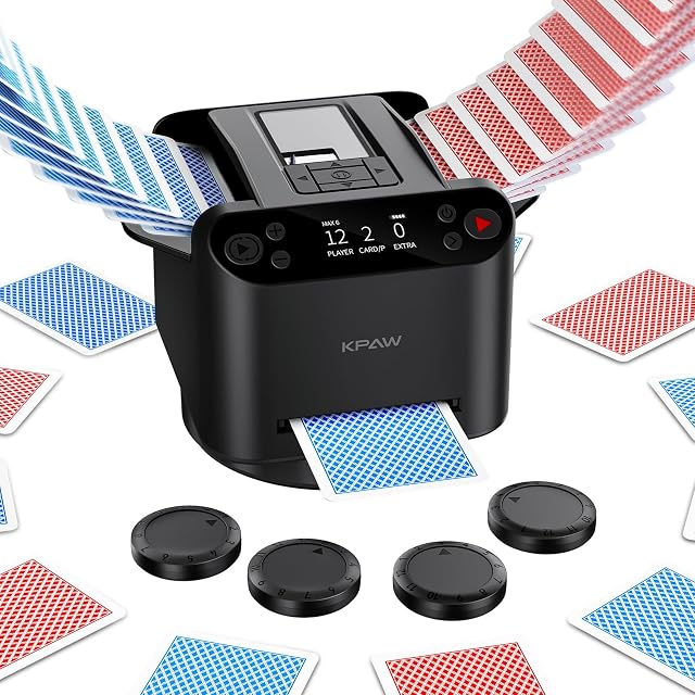 KPAW Automatic Card Shuffler for 1-2 Decks with Dual Modes, USB-C Rechargeable, Low Noise Compatible Card Shuffler Machine for Home Card Game, Travel (Black 1) | 4 Drawing Remotes, Built-in Gameplays, 360°/180° Deal, for Poker,Texas Hold'em,Custom,Br