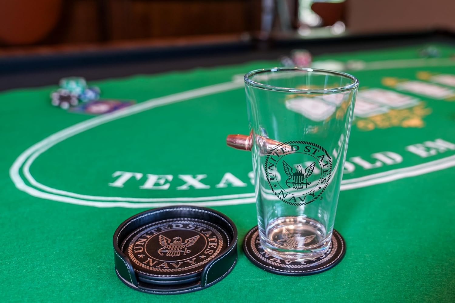 US Navy Leather Coaster Set - 4 Premium Coasters with Hot Stamped Foil Logo - Disabled Vet Owned Business-Navy Leather Coasters