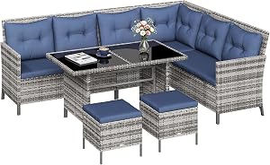 Outsunny 6 Pieces Patio Dining Set Wicker Outdoor Furniture Set Garden Rattan Sofa Set Outdoor Sectional Couch with Cushions, Dining Table and Ottomans, Dark Blue