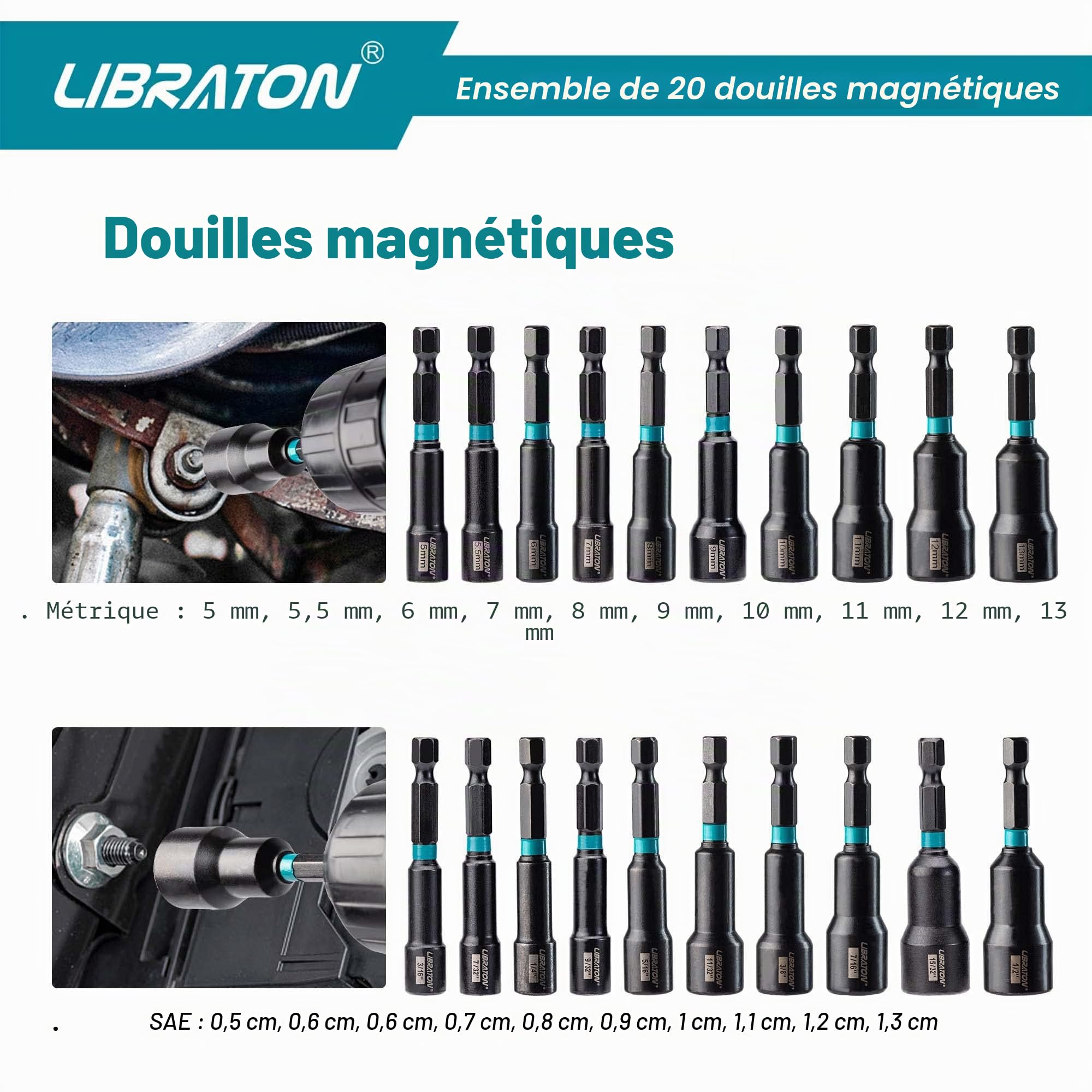 Libraton Lot de 20 Tourne-écrous magnétiques, 1/4" Hexagonale pilotes d'écrou en acier au chrome vanadium, métriques et SAE tournevis à écrous, avec sac de rangement