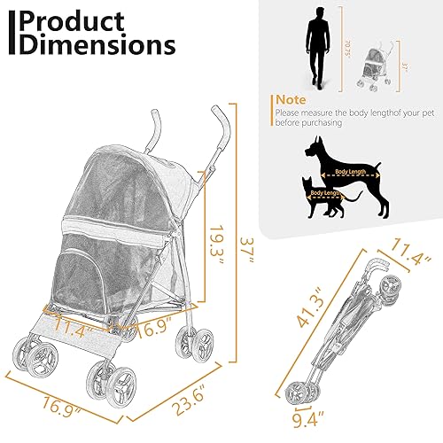 Miniatura 3 de Cochecito ligero con forma de paraguas de 4 ruedas para perros medianos y pequeños, cochecito portátil compacto para mascotas con malla
