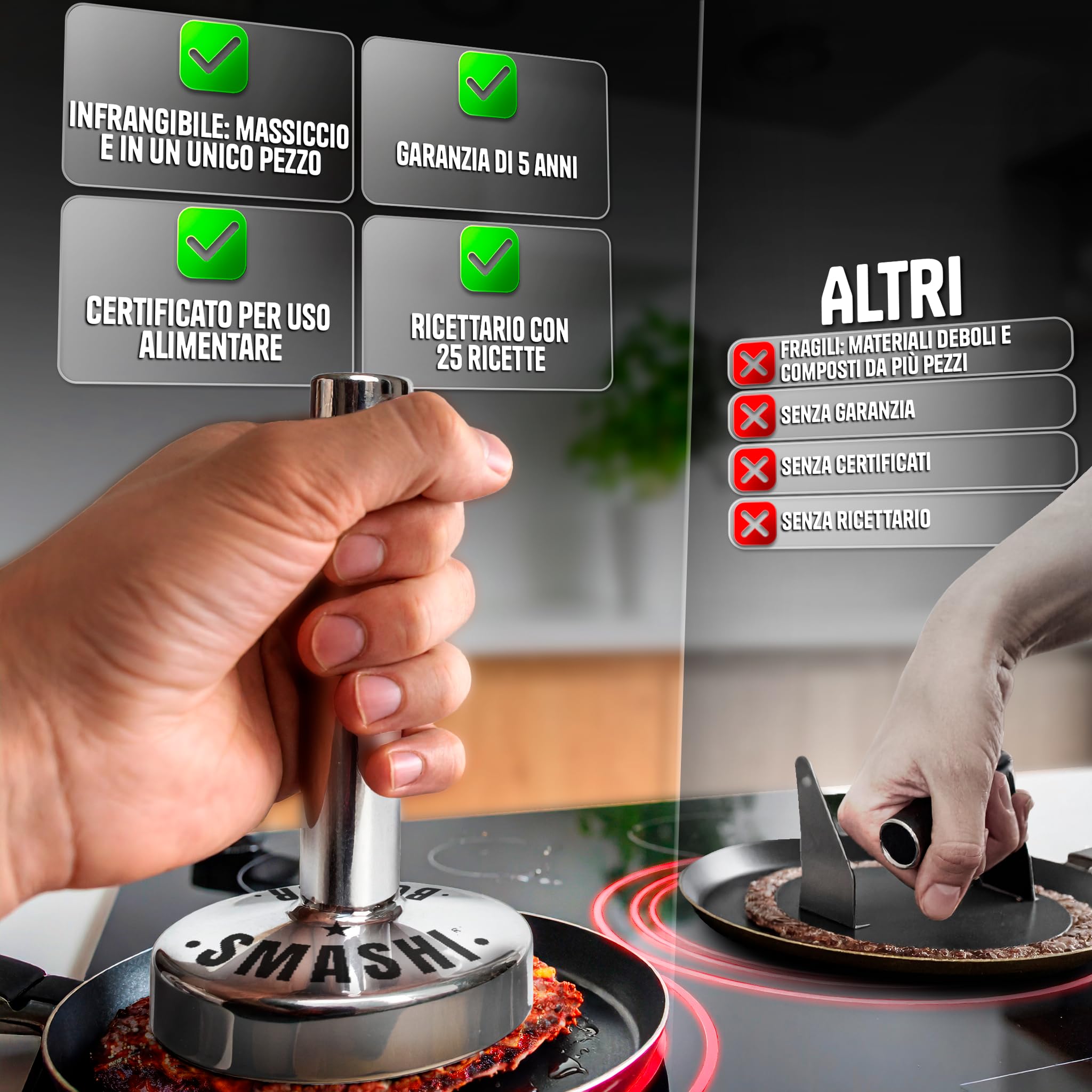 SMASHI® Pressa per Hamburger Pieghevole in Acciaio Inox 304 + 20 Fogli Antiaderenti – Smash Burger Kit Professionale – Pressa Manuale per Hamburger (Smash Burger Press Martello)