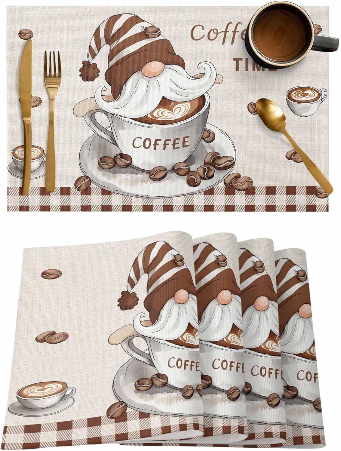 Placemats Set of 6, Coffee Gnome Brown Plaid Dining Table Mats Washable Placemat, Retro Linen Reusable Place Mats for Kitchen Holiday Party