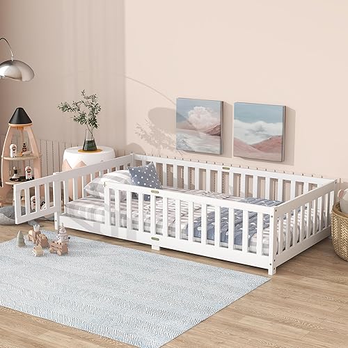 Miniatura 81 de Harper & Bright Designs Cama de suelo tamaño Queen con valla y puerta, marco de cama Montessori de madera para niños, niñas, listones incluidos, no