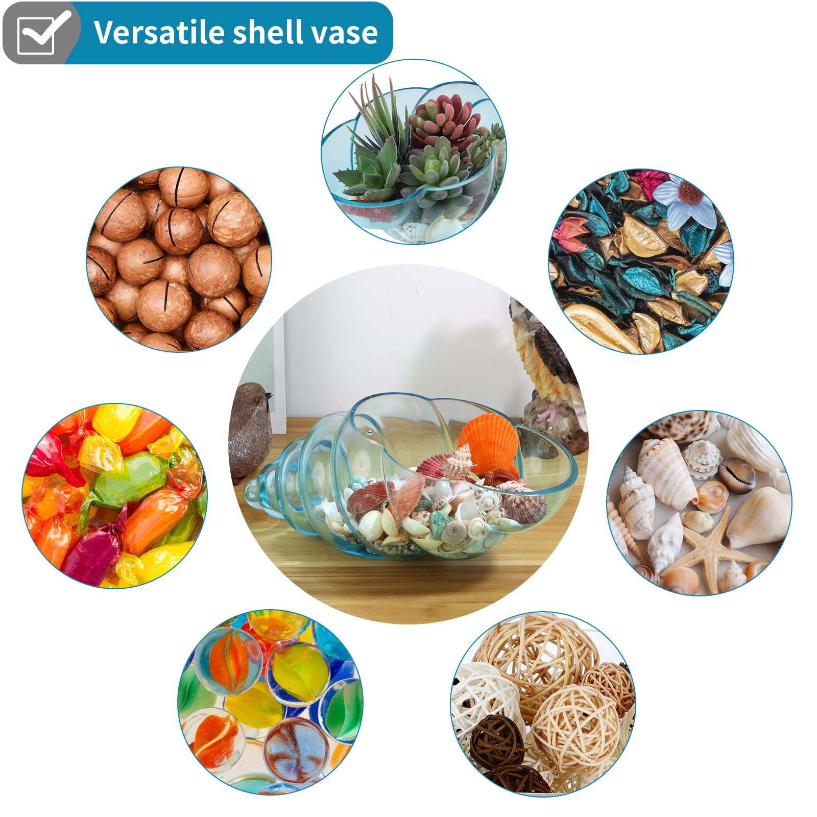 MDLUU Vaso in vetro con conchiglie, 25,5 cm, grande ciotola decorativa per conchiglie, vetro marino, pianta aerea (blu)