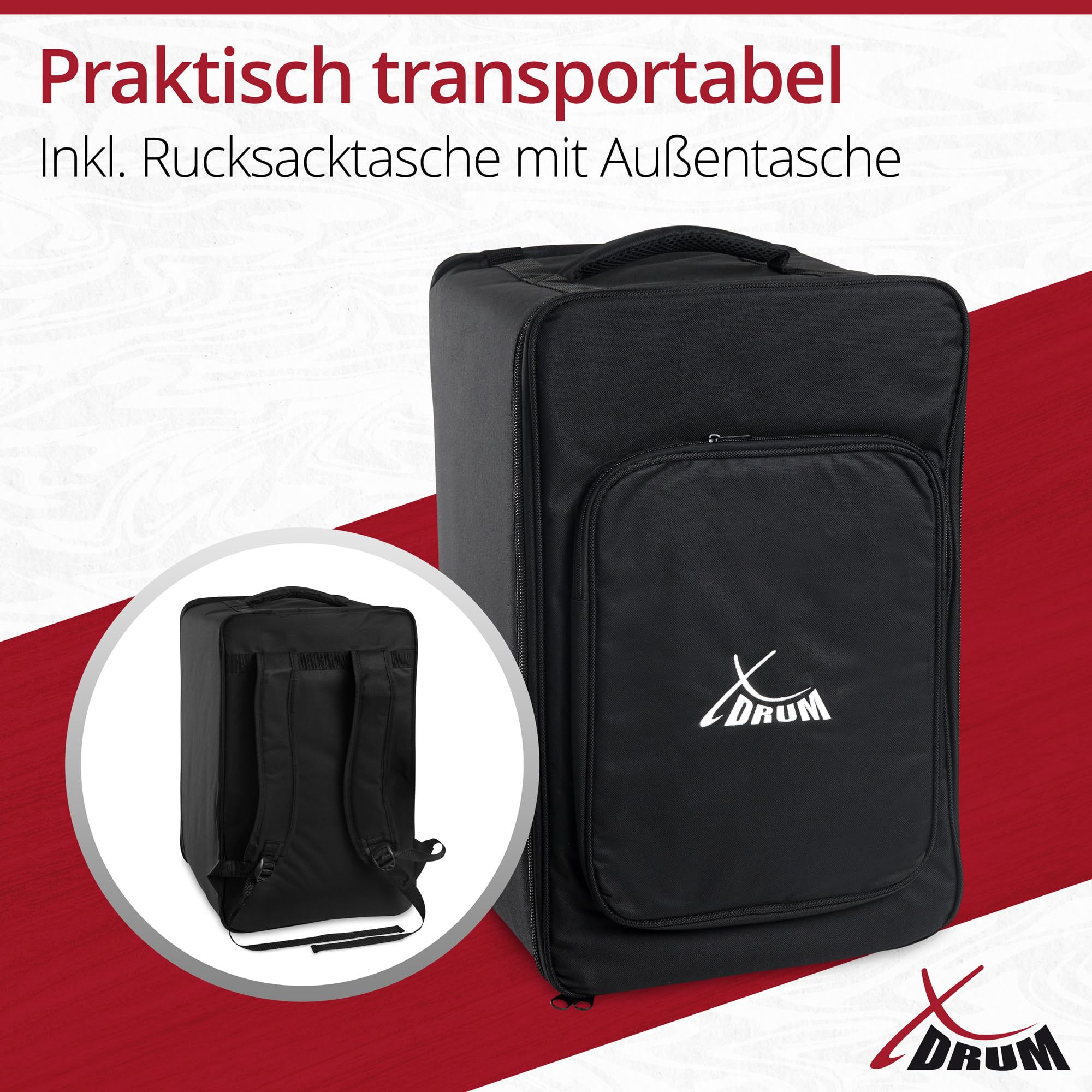 XDrum PERC CP-483 Cajon Peruana Koa Set (Set inkl. Cajon mit Birken-Korpus & Snareeffekt, passende Rucksack-Tasche für sicheren Transport & Aufbewahrung und Cajonschule für Einsteiger)