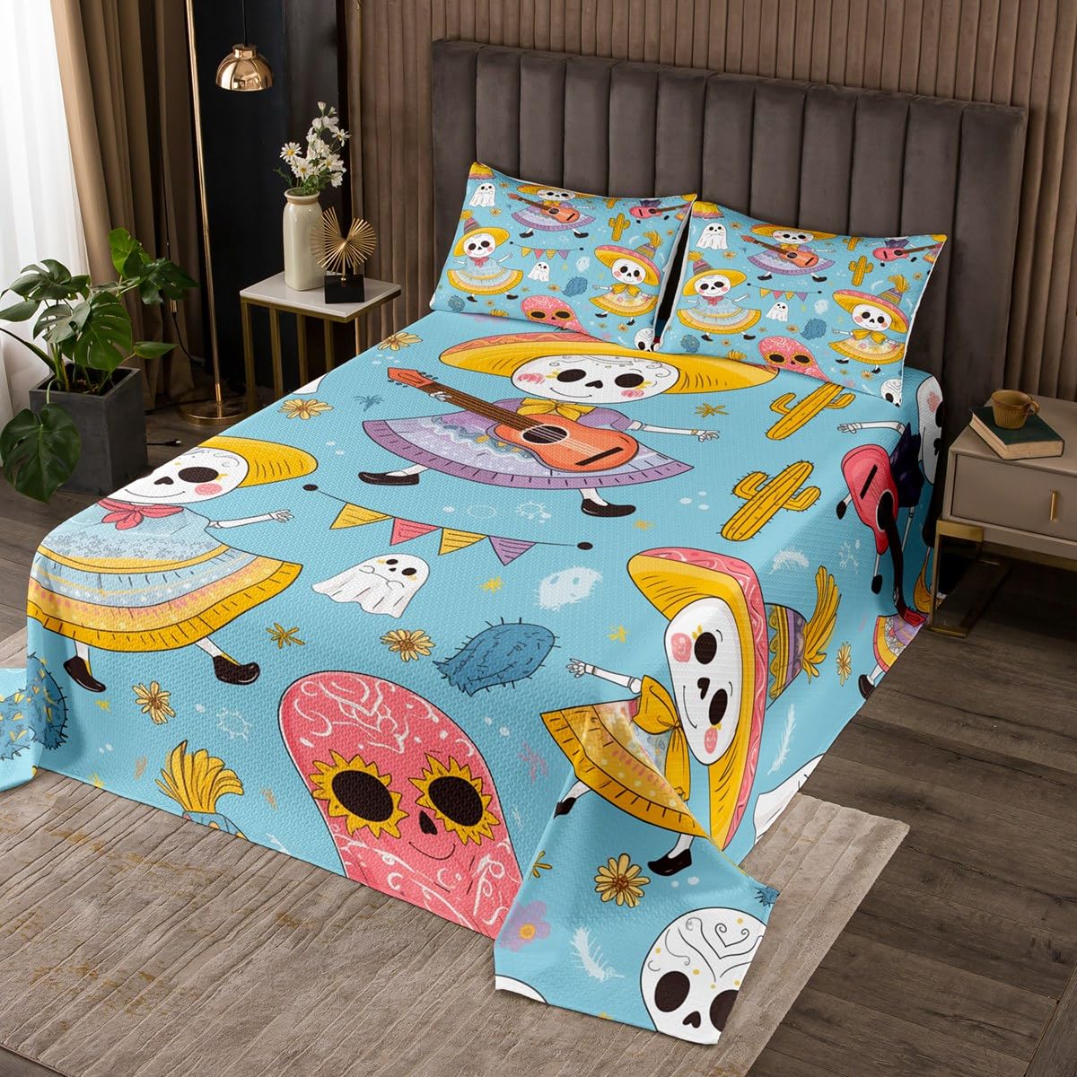 jejeloiu Halloween Bedspread Queen Size Kids Cartoon Ghosts Quilted Coverlet for Boys Girls Teens Cute Cactus Coverlet Set Blue