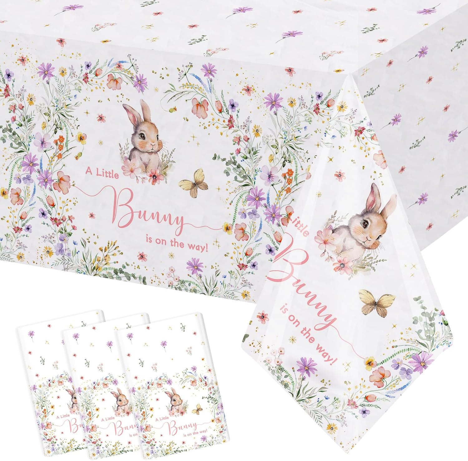 MEHOFOND 3 Pack Bunny Baby Shower Tablecloth, Disposable Plastic Spring Wildflower Baby Shower Table Cloth 54x108 inch, A Little Bunny is On The Way Easter Rabbit Baby Shower Party Decor