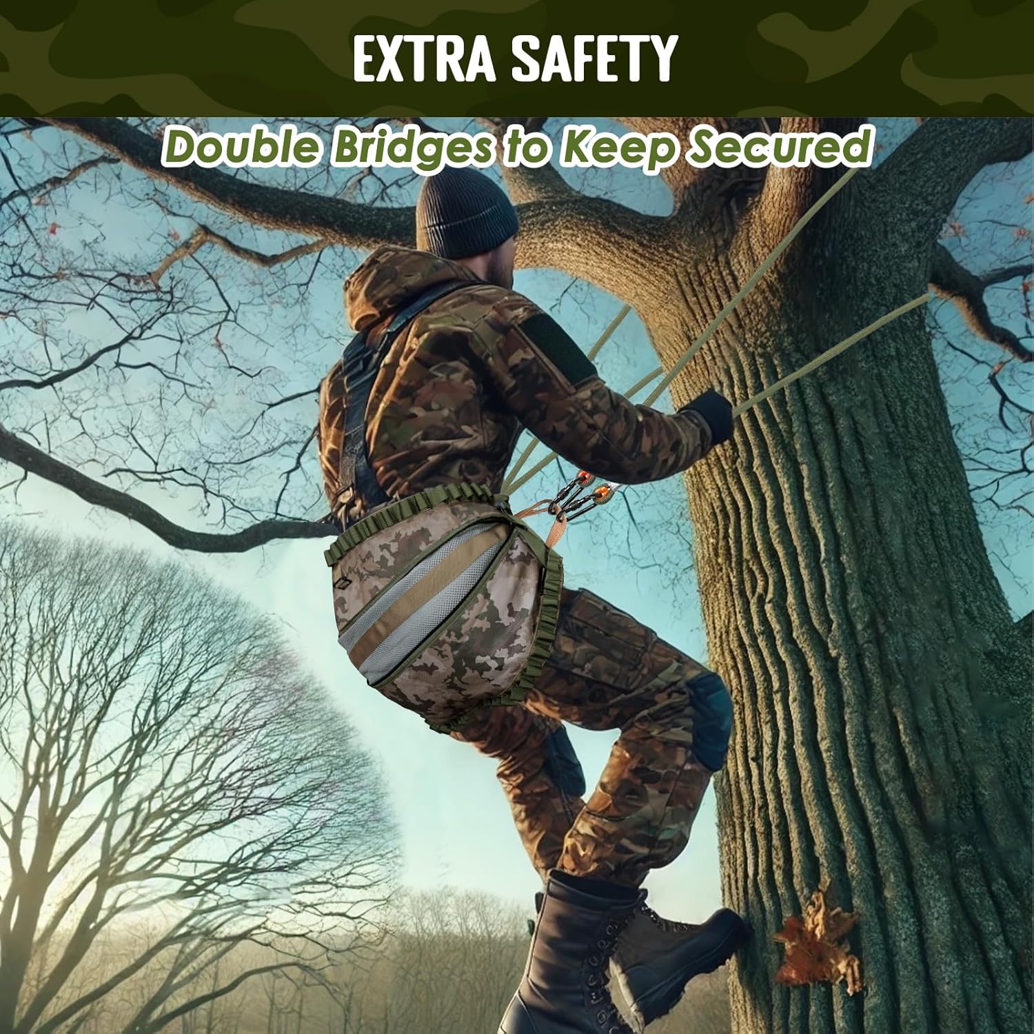 PUNCHMAN Camo Tree Saddle Hunting Kit-Heavy-Duty Hunting Saddle with EN362 Approved 25KN Climbing Carabiner and Bridge Rope,Adjustable Tree Climbing Saddle Holds up to 300 Lbs,Deer Hunting Accessories