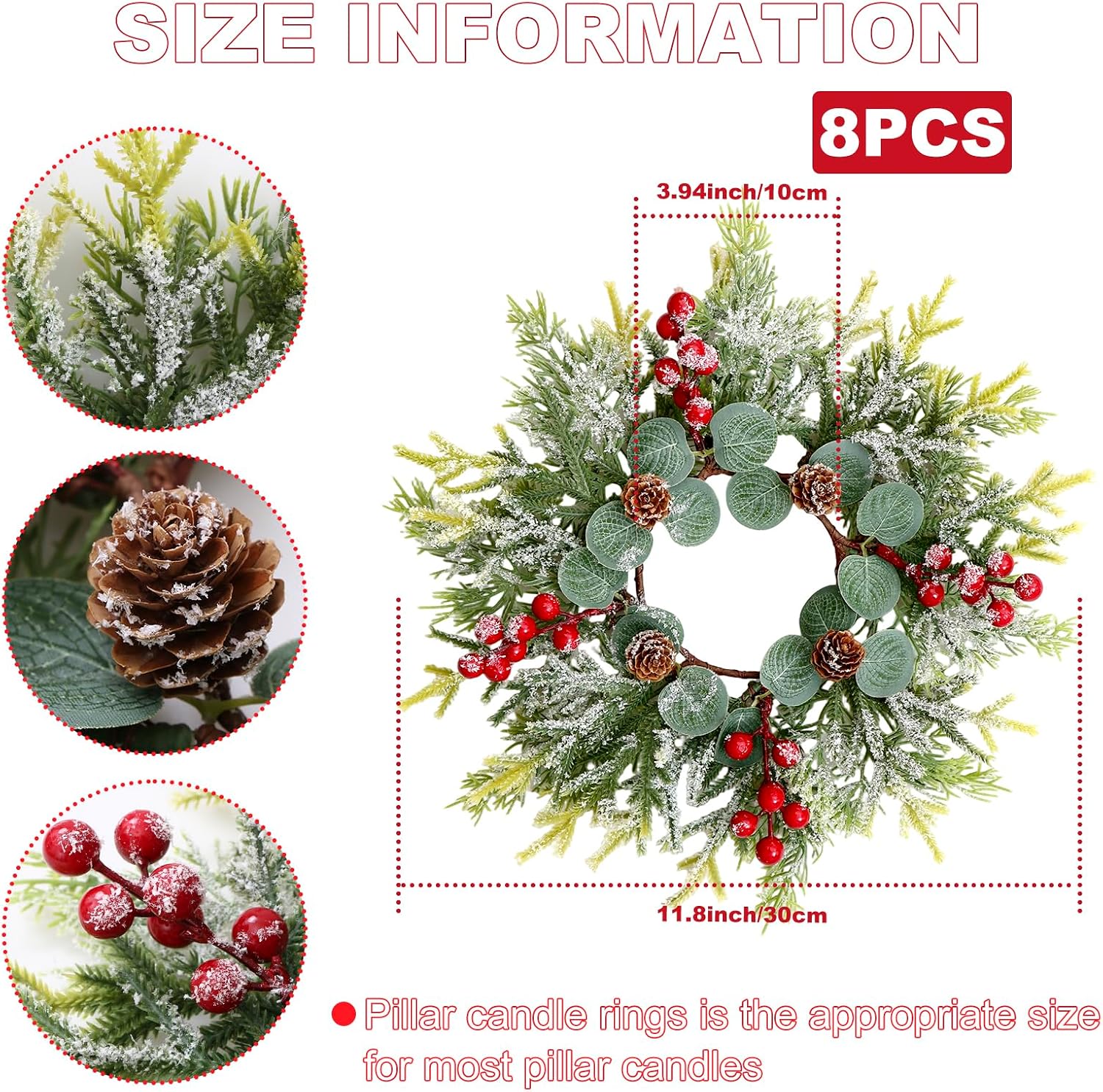 KHOYIME Christmas Candle Rings Wreath 8PCS Small Artificial Red Berry Pinecones Norfolk Pine Wreaths for Pillars, Mini Xmas Candle Holder Kitchen Cabinets Table Centerpieces Holiday Winter Decorations