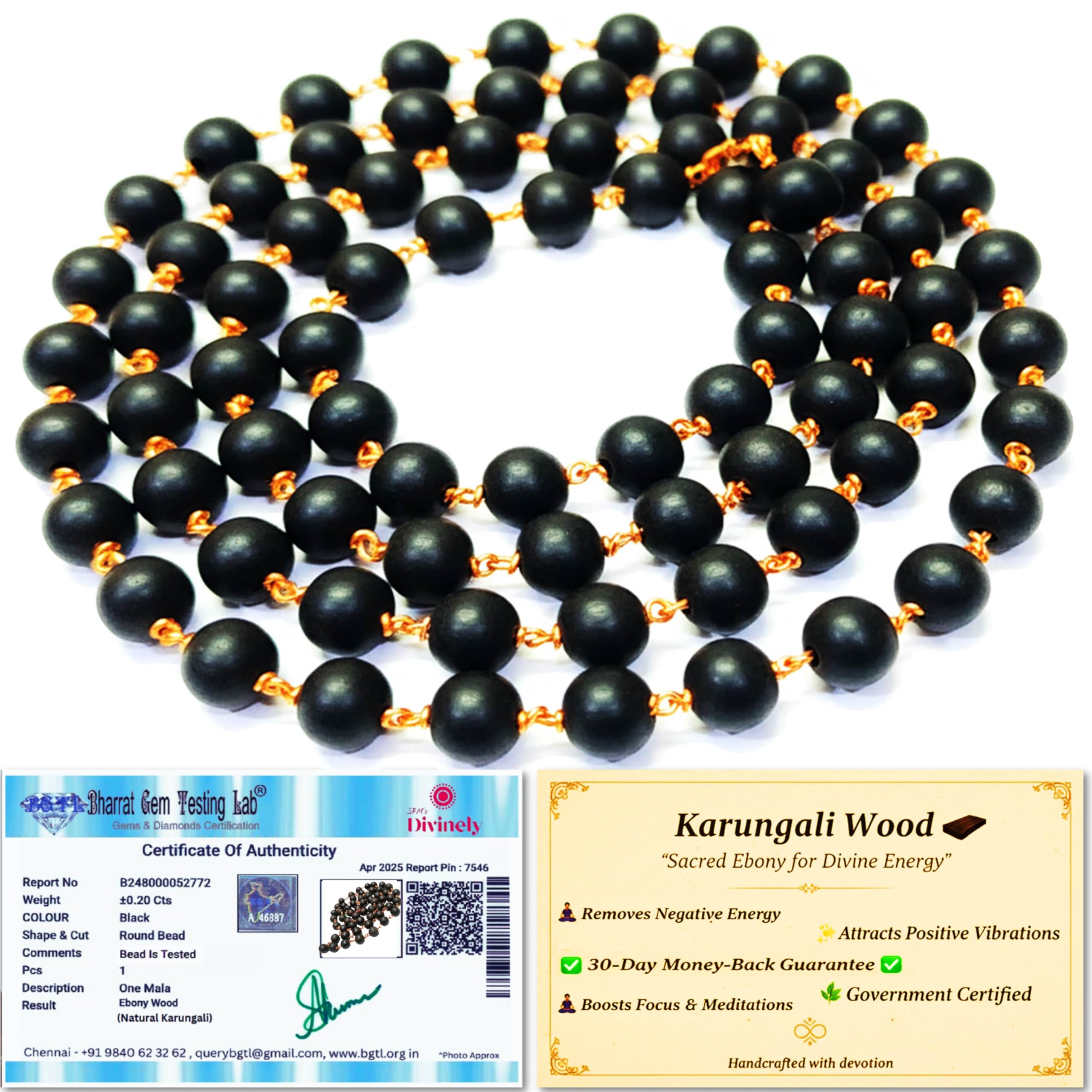 Divinely 100% Natural Karungali Malai Original 6mm | Certified Copper Thread Karungali Mala 54+1 Beads | Black Ebony Wood Necklace for Japa, Meditation & Spiritual Balance | Free Yoga eBook & 30-Day Warranty