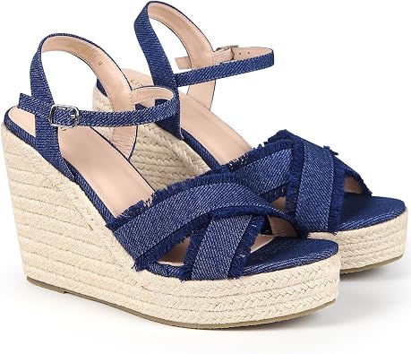 Allegra K Womens Denim Wedges Shoes Slingback Platform Wedge Heel Sandals