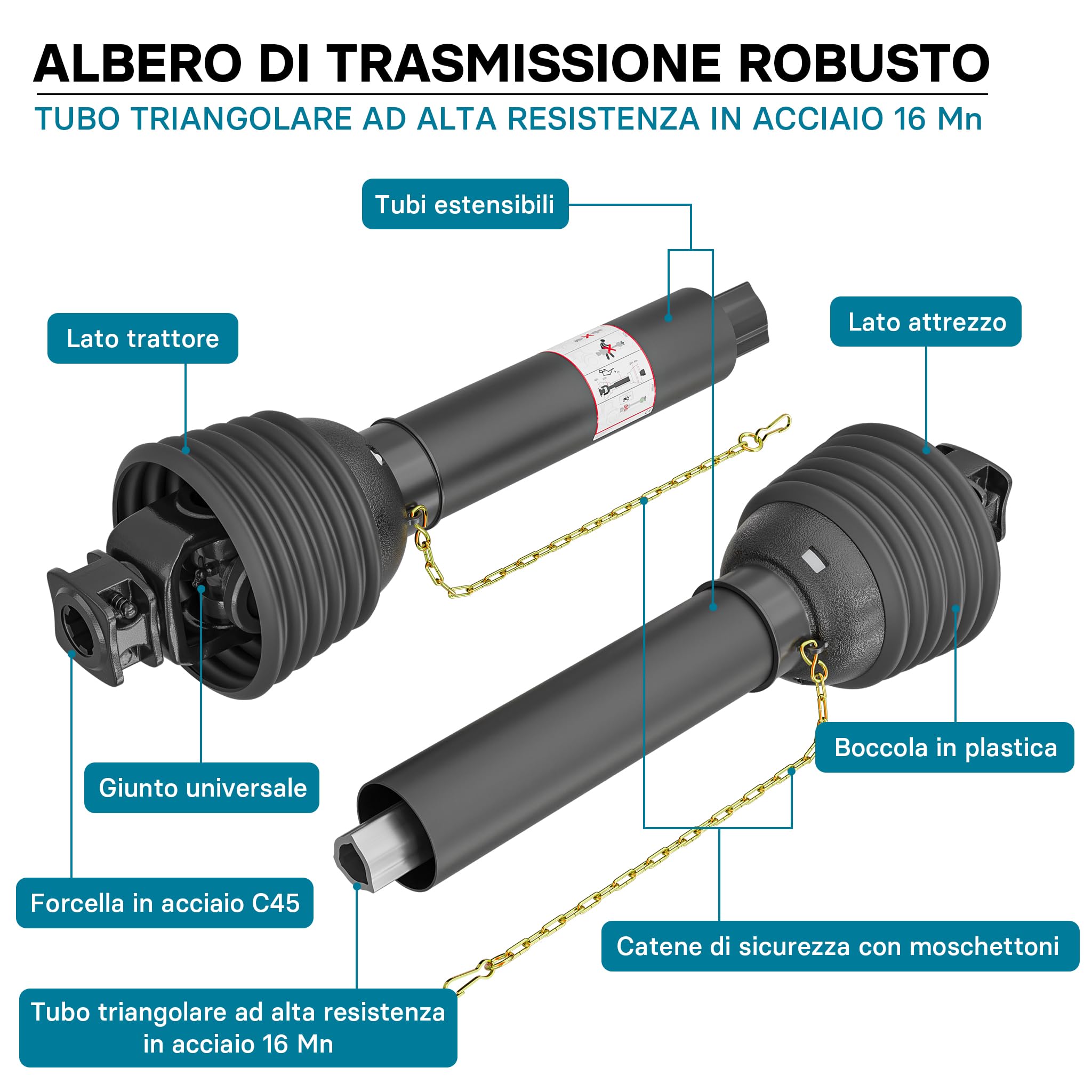 Albero Cardanico Estensibile Agricolo Albero Cardanico Wiltec T8 -  1500-1650mm, 1240Nm, Per Trattori E Attrezzi Ricambio Trattori Agricoli