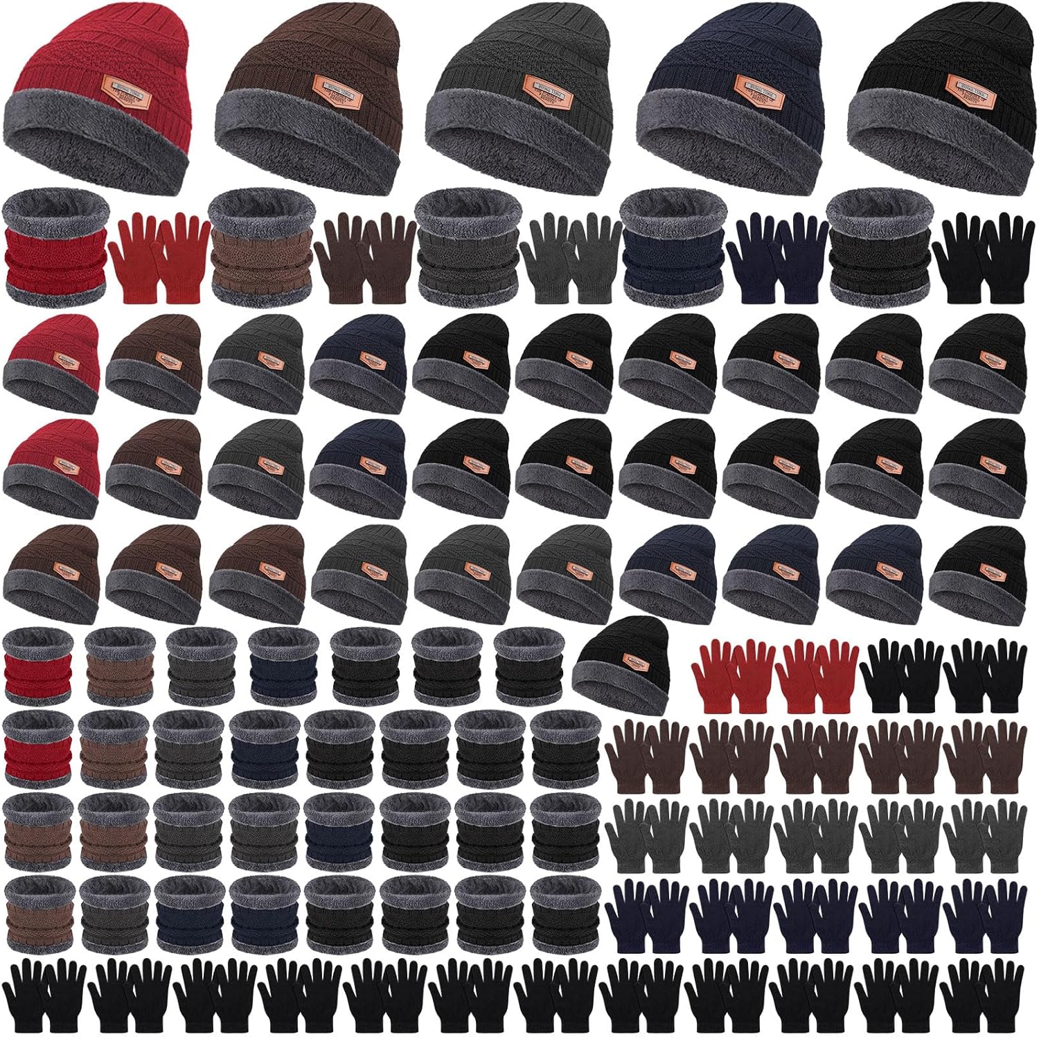 Suhine 108 Pcs Winter Beanies Hat Glove Scarf Sets Unisex Cap Bulk Fleece Neck Warm Scarves for Homeless Women Men