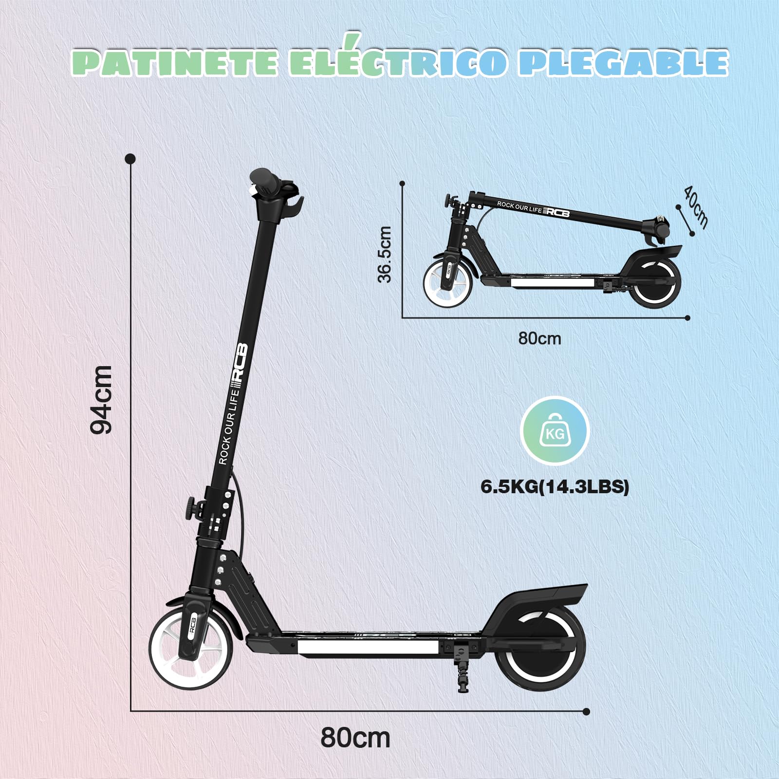 R12 Patinete Electrico para Niño de 6 a 12 años, Scooter Eléctrico Niños de 6,5" con Luces LED y 3 velocidades, Máxi 15 km/h, Autonomía Máxi 10km, Carga Máxi 50 kg, Luces Coloridas