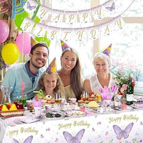 Miniatura 5 de Pajean Suministros de fiesta de cumpleaños de mariposa, juego de vajilla desechable, platos de papel, servilletas, vasos, mantel, pancarta para