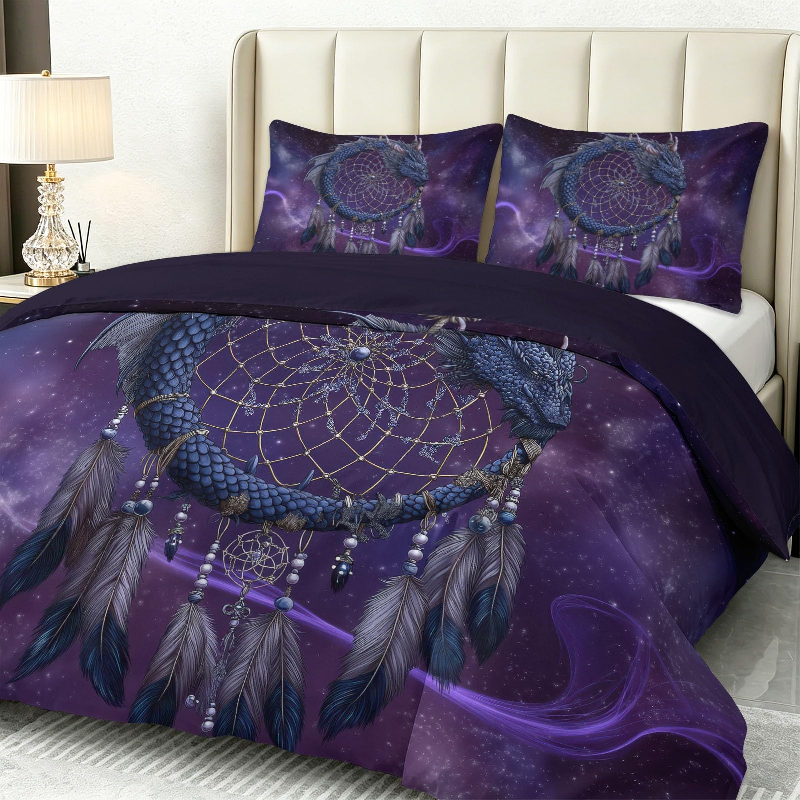 Dwustronna poszwa na kołdrę, z mikrofibry, 240 x 220 cm, ciemna fantazyjna, liliowa, gwiaździste niebo, olbrzymi smok, łapacz snów, pióra, przyjazna dla skóry, łatwa w pielęgnacji, z 2 poszewkami na