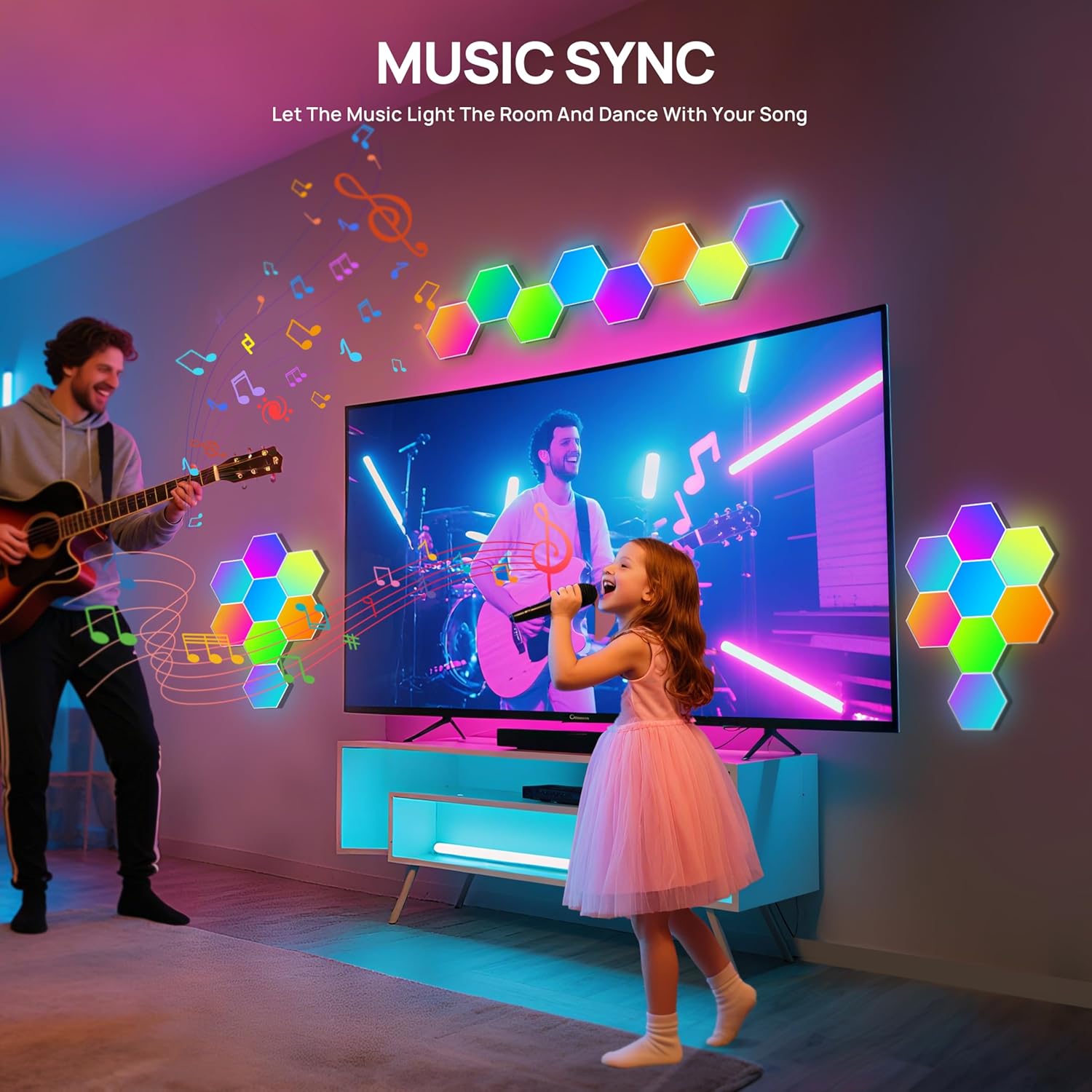 KORORO Hexagon LED Lights - 8 Pack Smart APP RGB Gaming Light with Remote Control & Music Sync Honeycomb Shape Hex Lights for Bedroom, Living Room Wall, Gaming Decor - Image 5