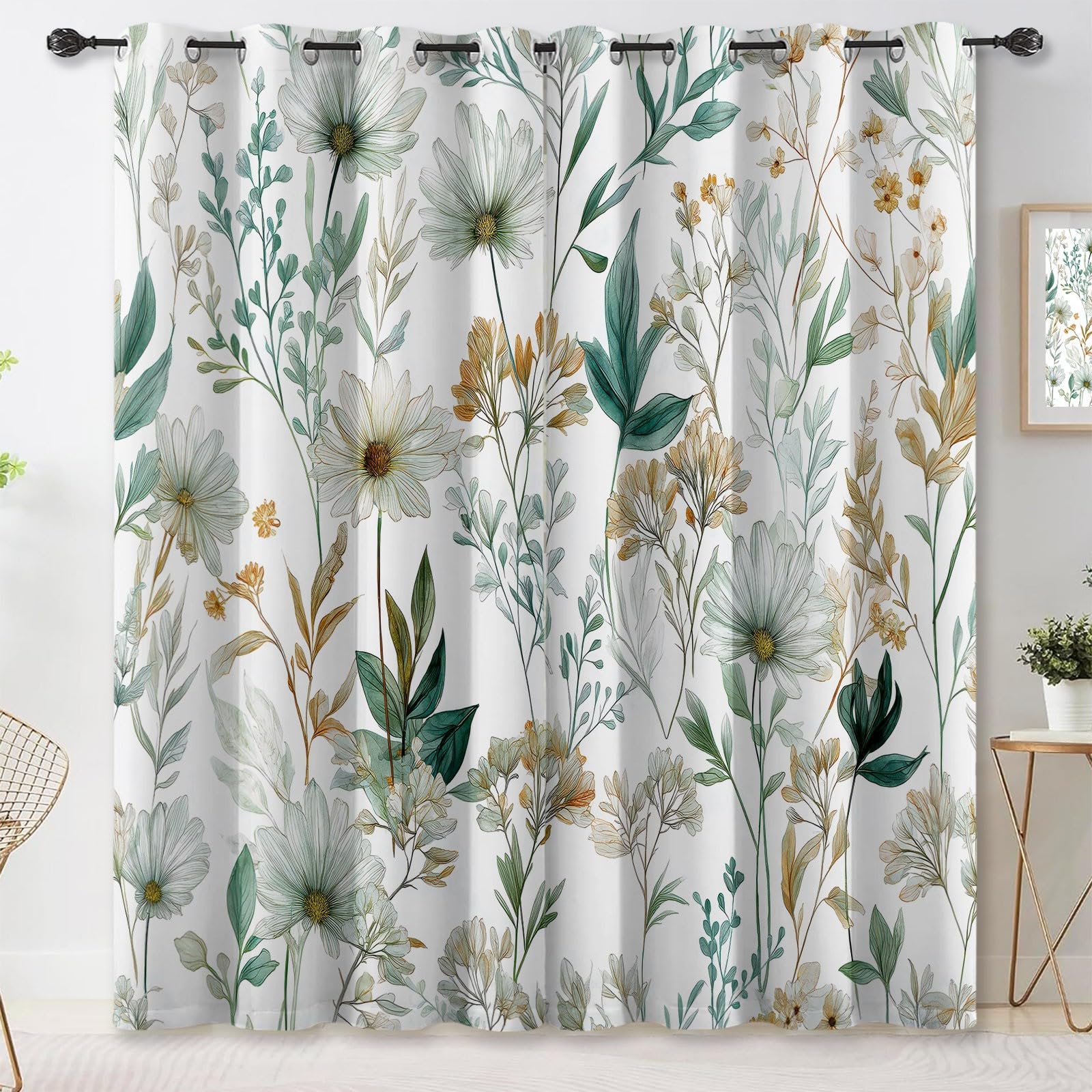 Generisch Natur Landhausstil Verdunkelungsvorhang, Aquarell Blumen Blätter Bedruckter Wärmeisoliert Vorhänge mit Ösen, Weiß Vorhang für Schlafzimmer Wohnzimmer, H215 x B110 cm x 2 Vorhänge