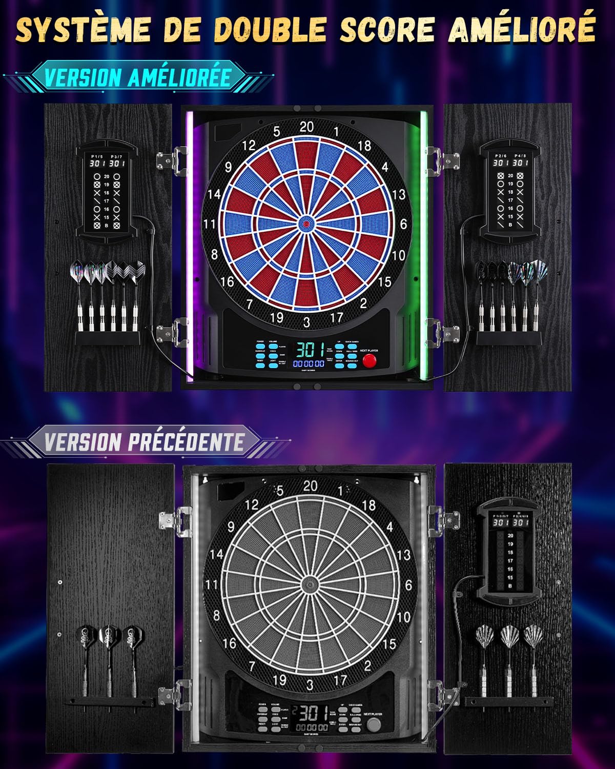 Jeu de Fléchettes Électronique, LED Cible Fléchette Double Score | [12 Fléchettes][Bois Coffret] Indicateur LED 8 Joueurs, Jeux de Flechettes Adulte Électronique pour Salle de Jeu, Bar