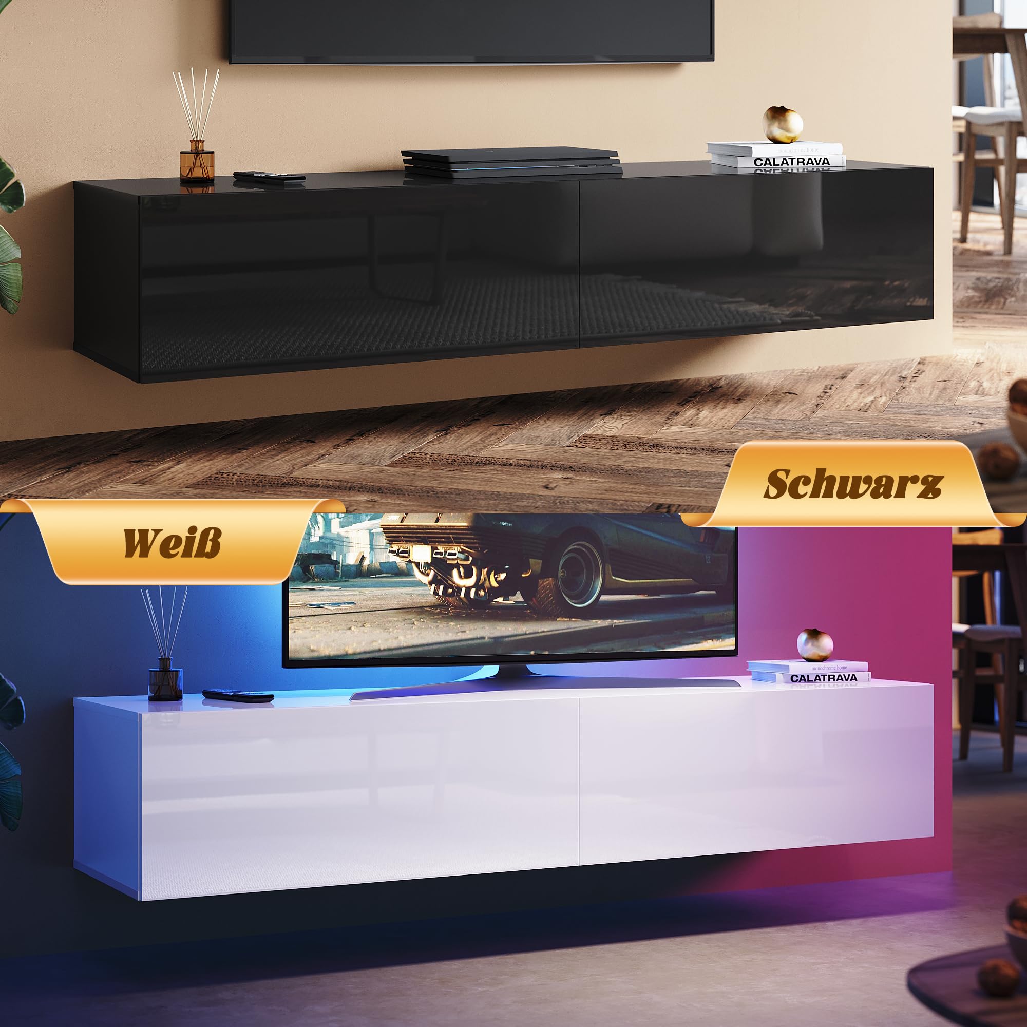 Mueble de TV colgante de 160 cm, moderno, mueble bajo para TV, color blanco, brillante, armario de pared, armario colgante moderno, muebles de salón, 160 x 40 x 30 cm