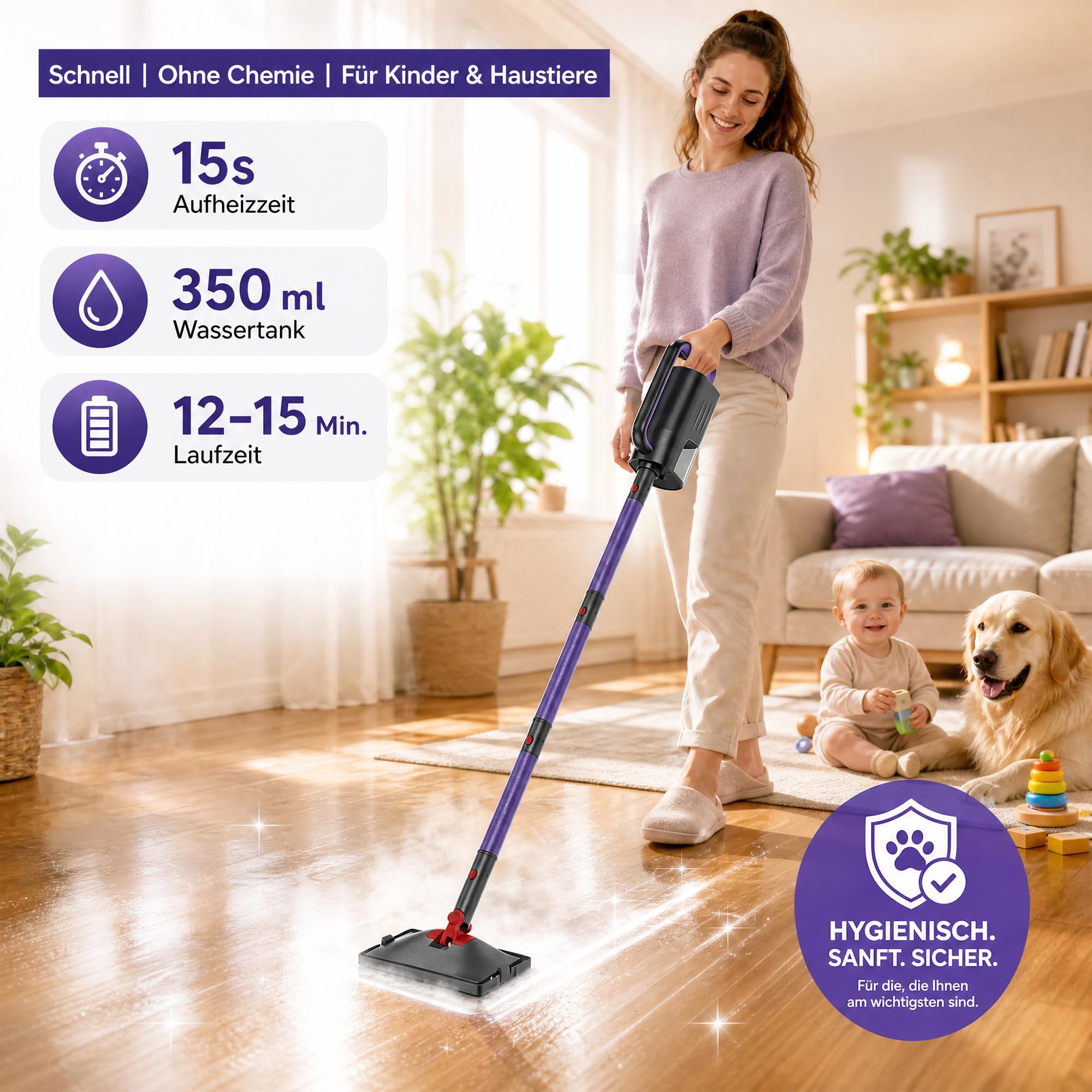 2-in-1 Dampfreiniger,1500W Handgerät,15s Aufheizung | 15s Aufheizung, 8+4 Zubehörteile,5m Kabel & Drehkopf,Leicht & kompakt, Ideal für Wohnungsübergabe & Küchenreinigung
