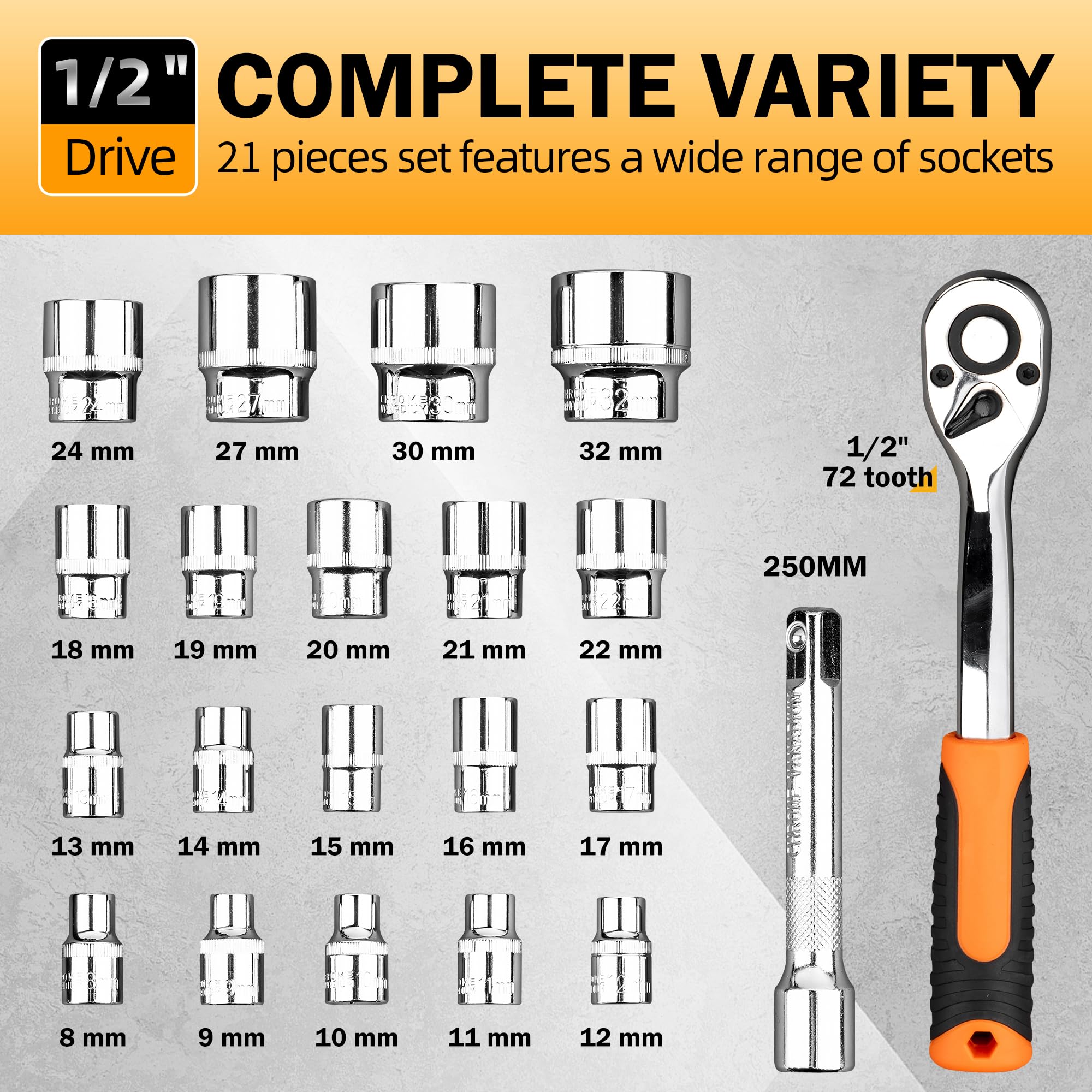 Ensemble de 21 pièces de clés à cliquet 1/2" Kit d'outils Coffret de clés à cliquet Coffret de douilles Coffret à cliquet Coffret à douilles Ensemble de clé à cliquet et douille
